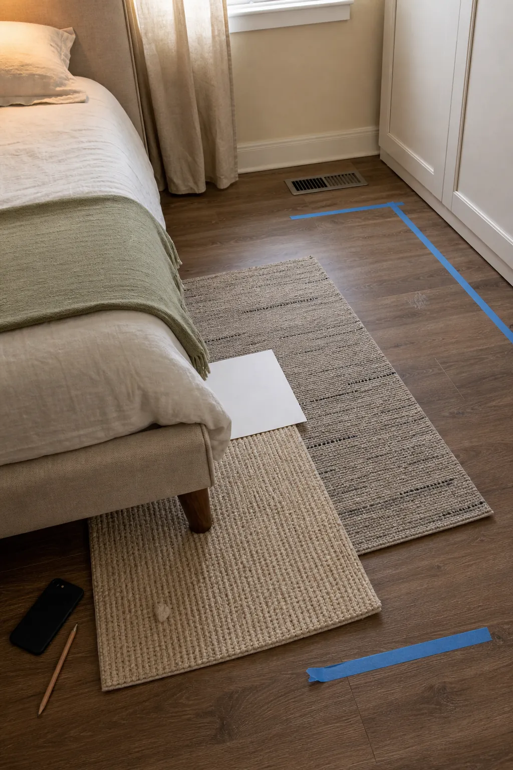 Two rug samples tested beside beige bedroom bedding in natural daylight