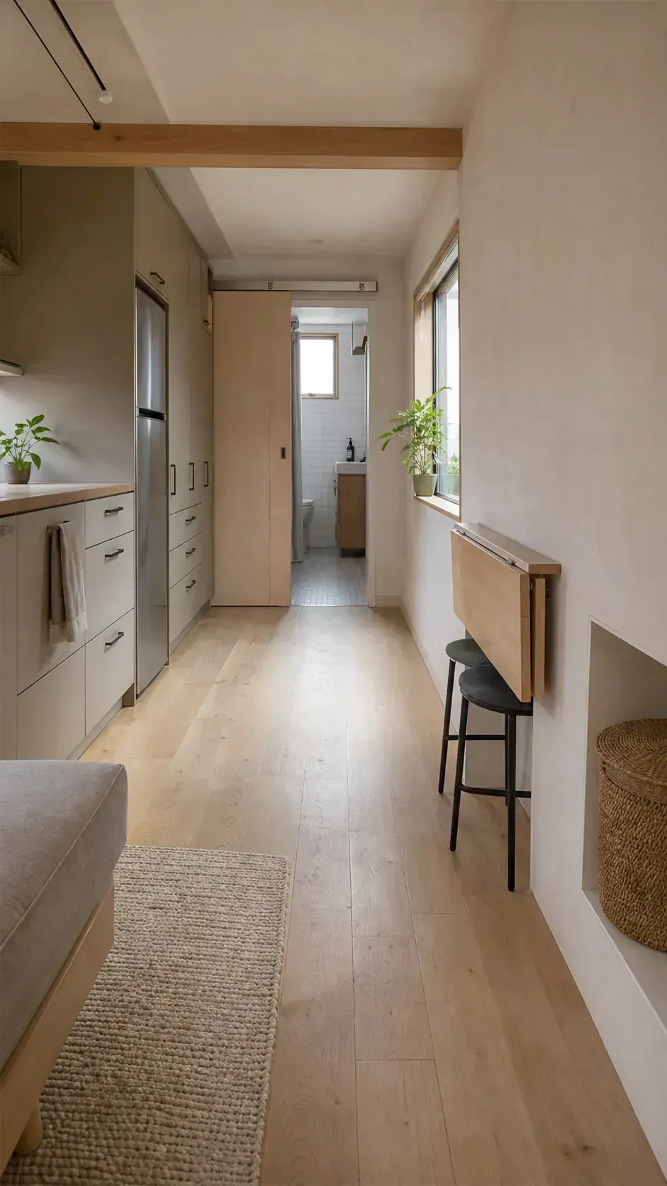 Tiny house interior with a clear central circulation path and built-in storage along one wall