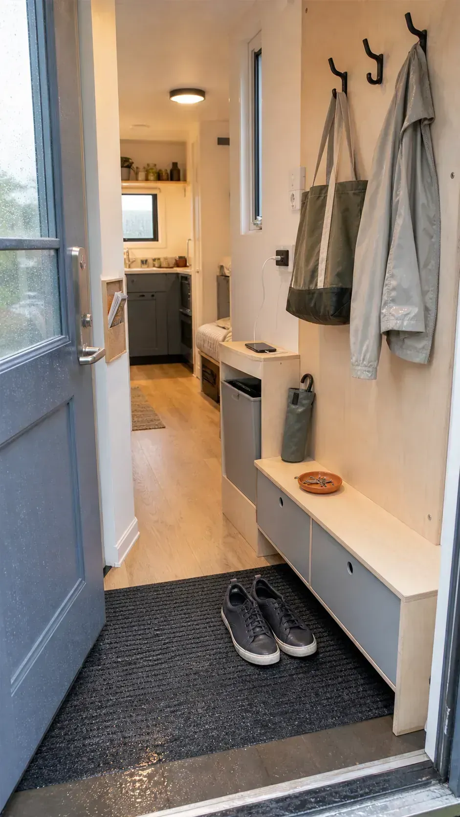 Compact tiny house entry with closed shoe storage, wall hooks, and a clear walkway