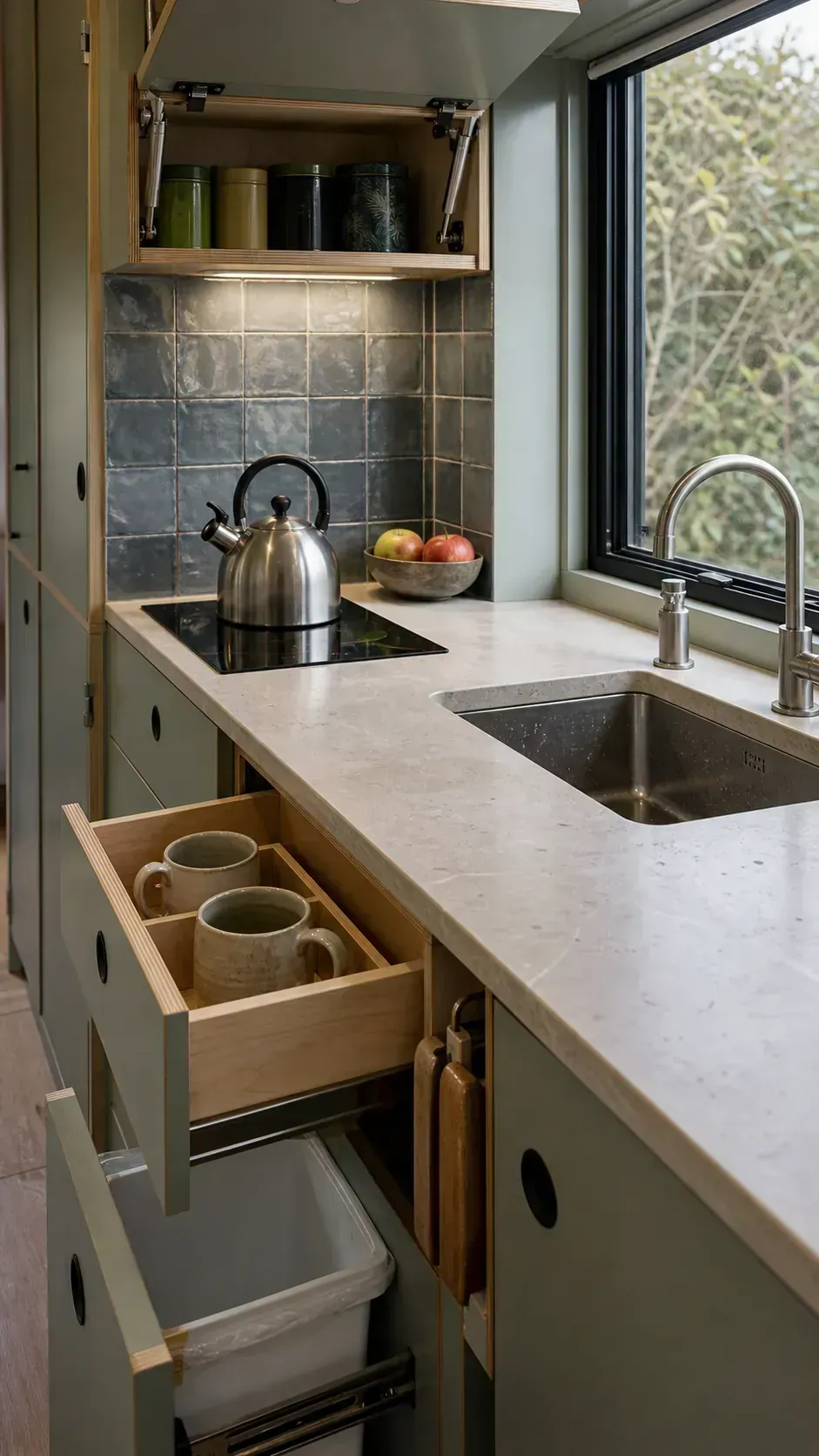 Small tiny house kitchen with closed point-of-use storage and a clear preparation counter