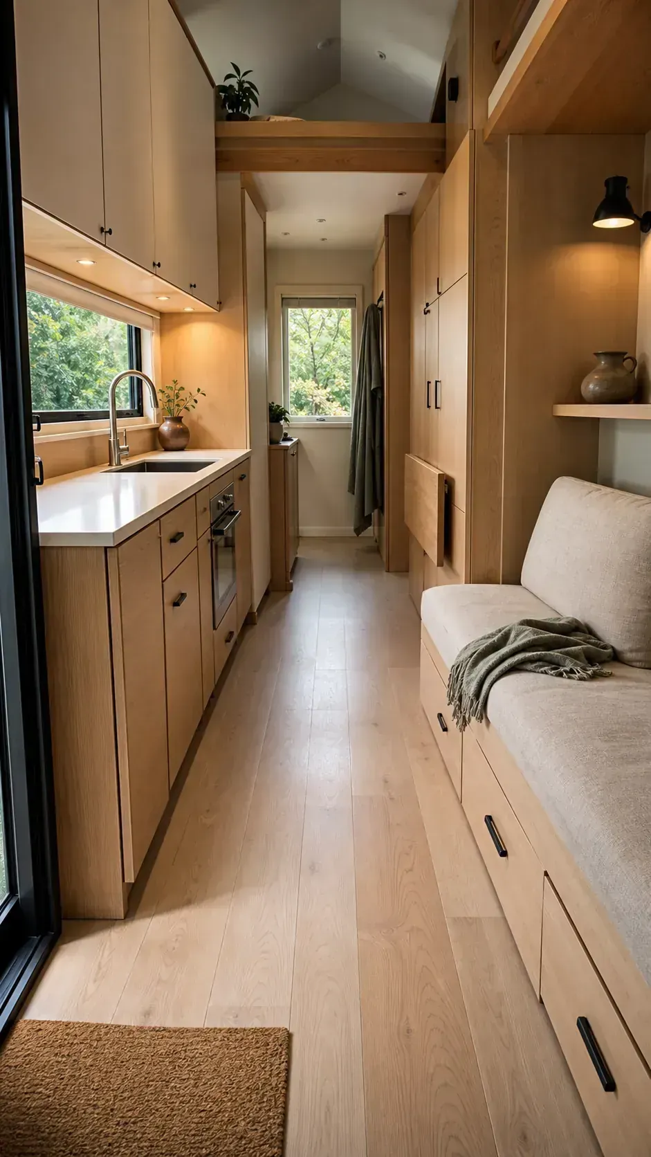 Clutter-free tiny house layout with integrated storage and a clear walkway