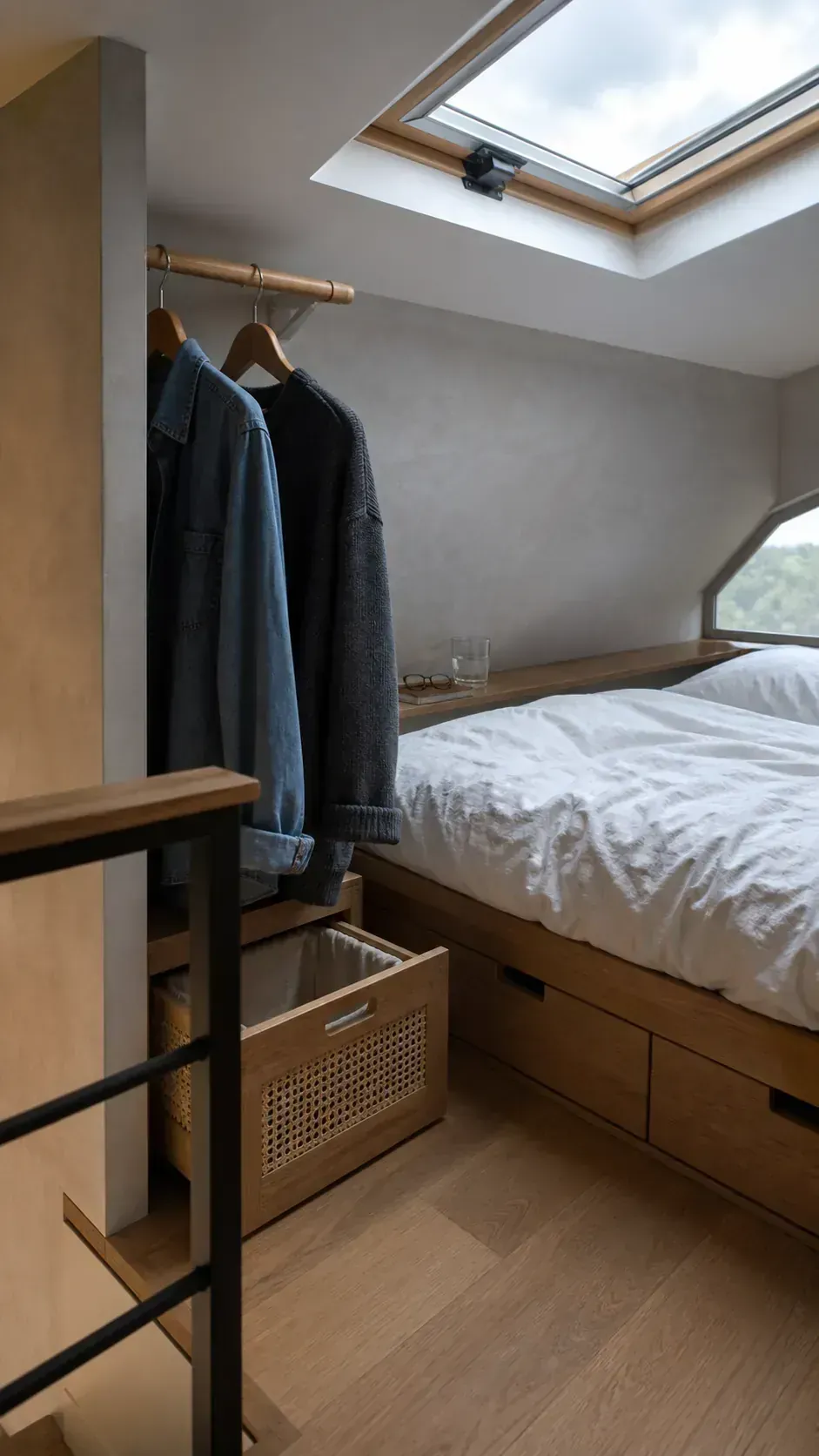 Tiny house loft bedroom with a ventilated clothing rail, under-bed drawers, and calm surfaces
