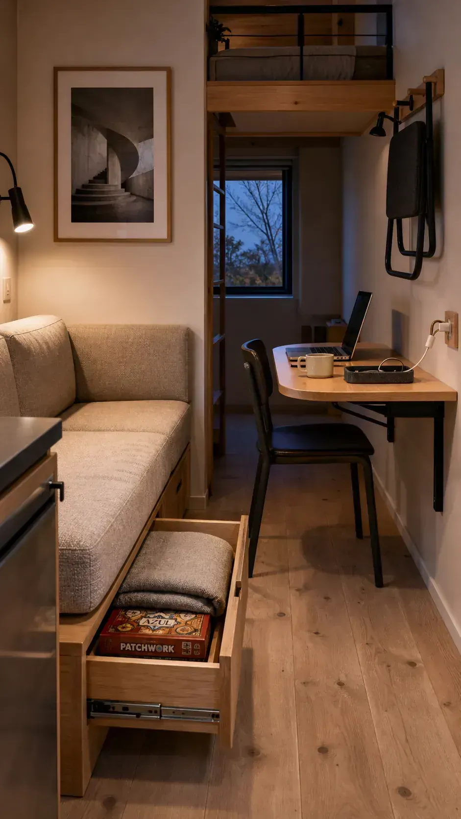 Warm tiny house living area with a storage sofa and a practical folding table