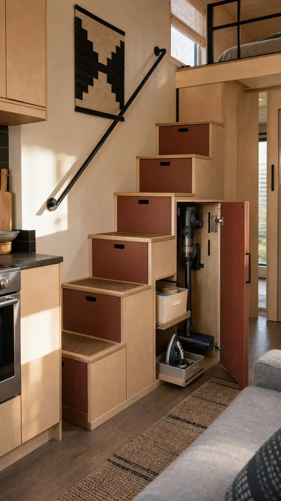Tiny house staircase with closed built-in cabinets concealing household supplies