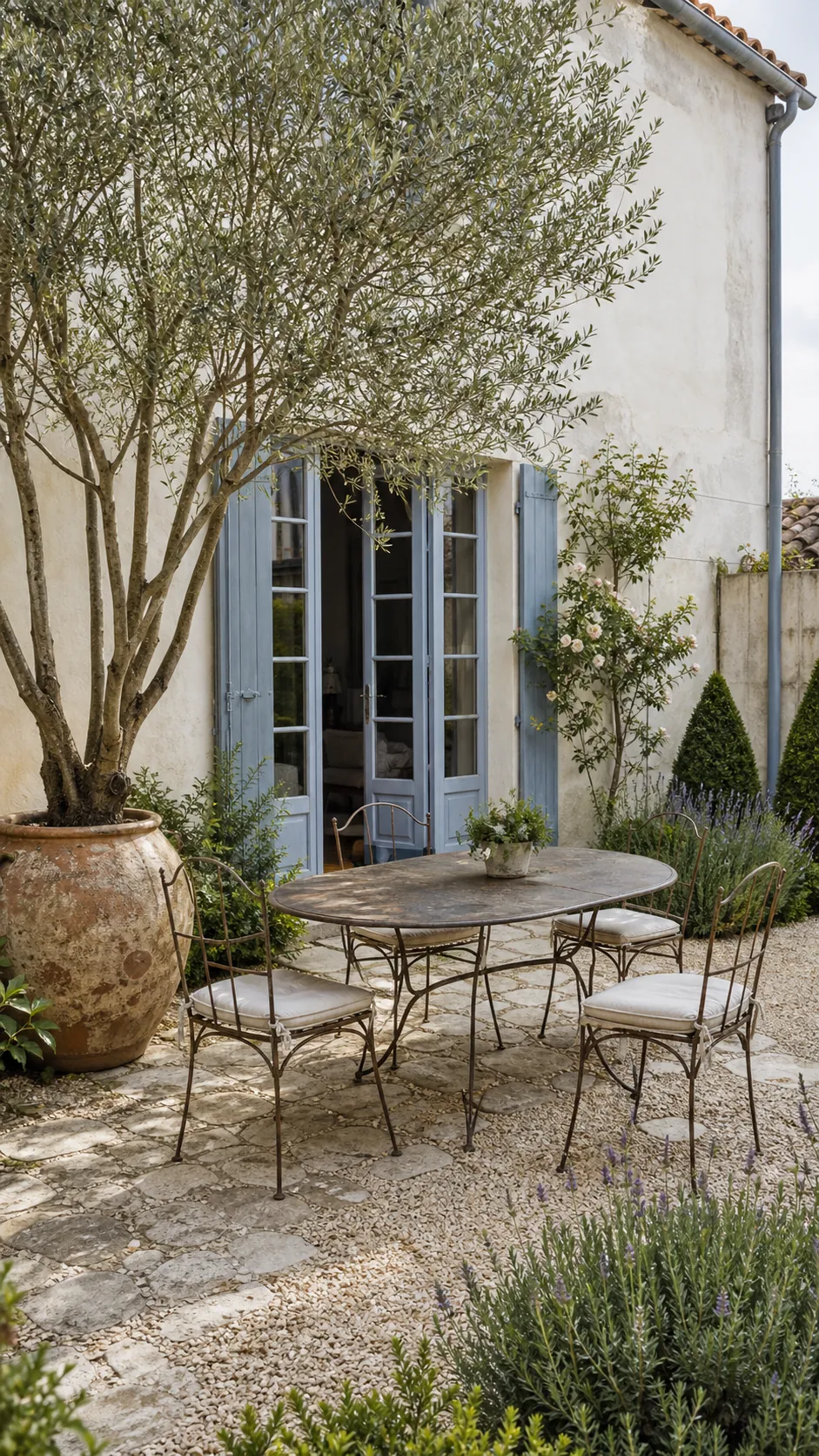 Elegant French patio with limestone, gravel, clipped greenery, and iron furniture