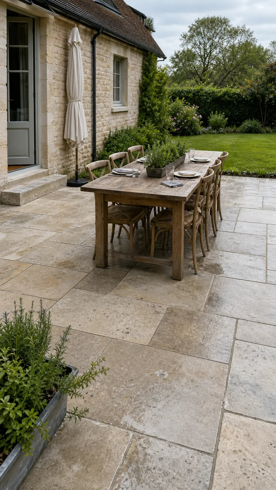 Weathered limestone French patio arranged for outdoor dining