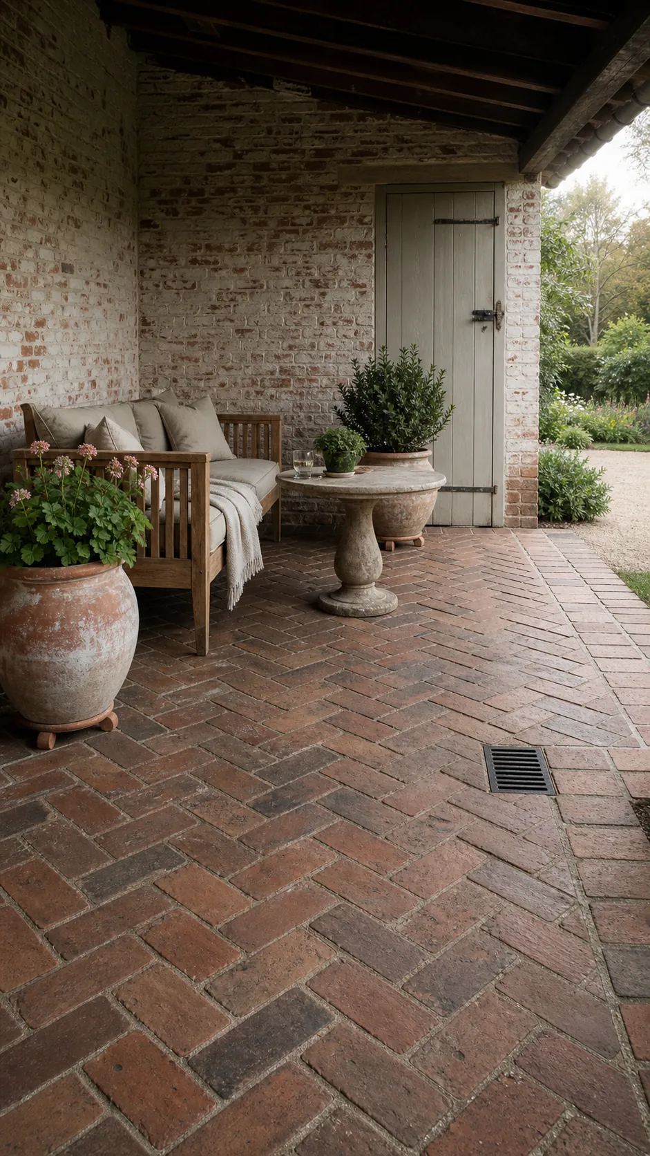 French country patio paved with warm weathered terracotta tiles