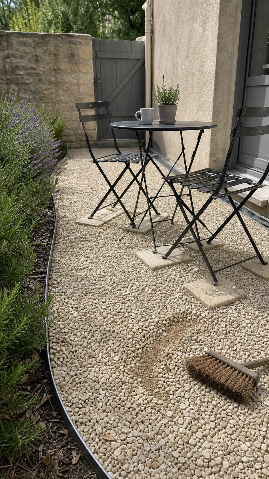 French patio with pale compacted gravel and iron dining furniture