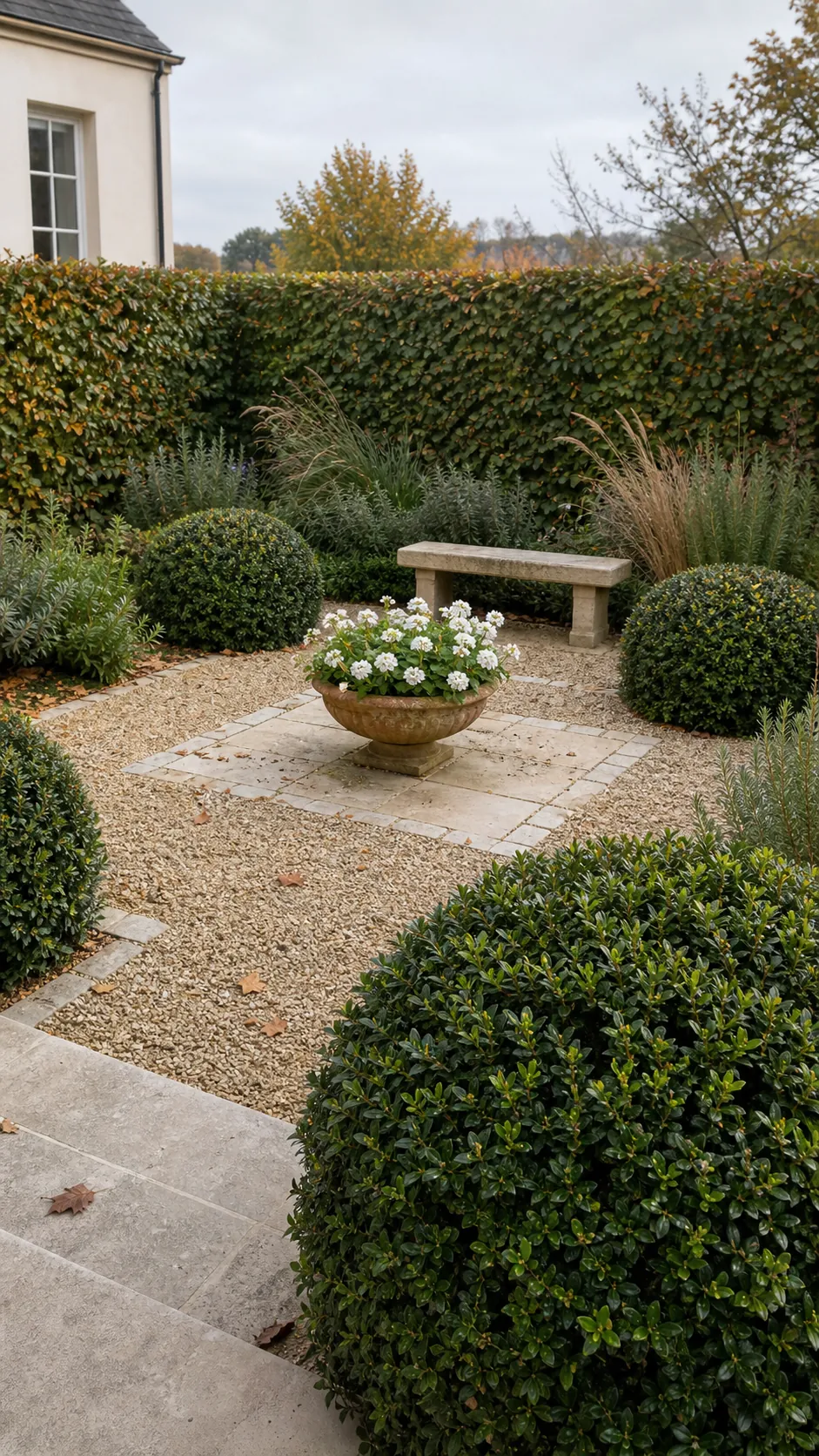 French courtyard patio framed by clipped evergreen shapes