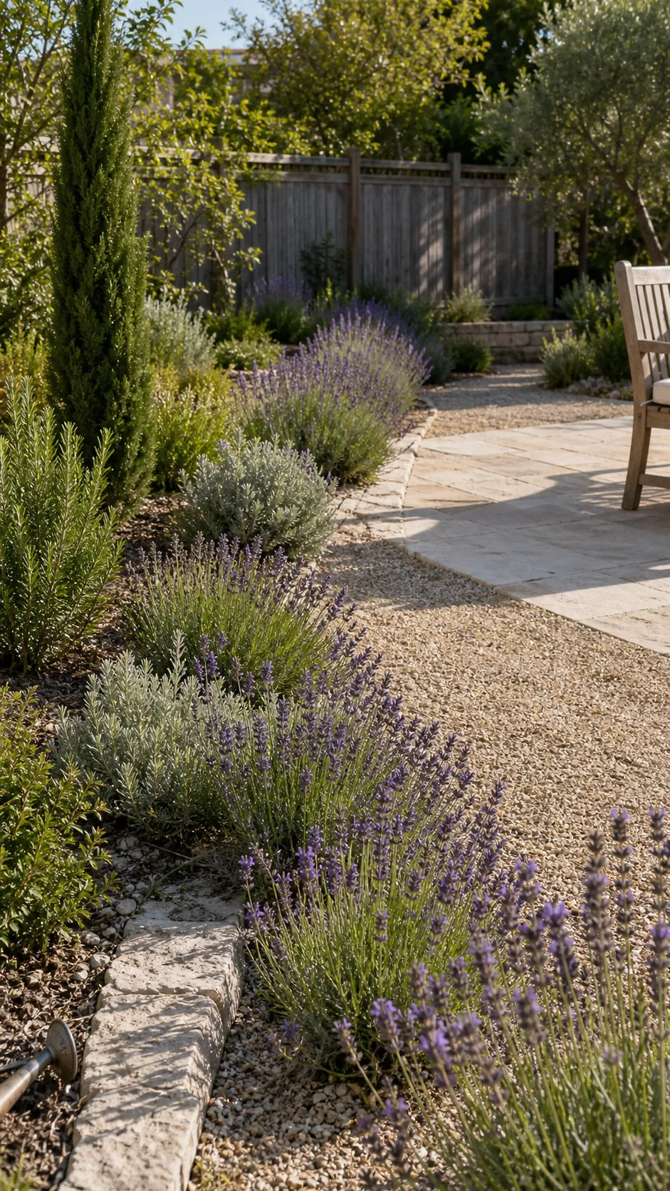 Sunny French patio bordered by lavender beside gravel