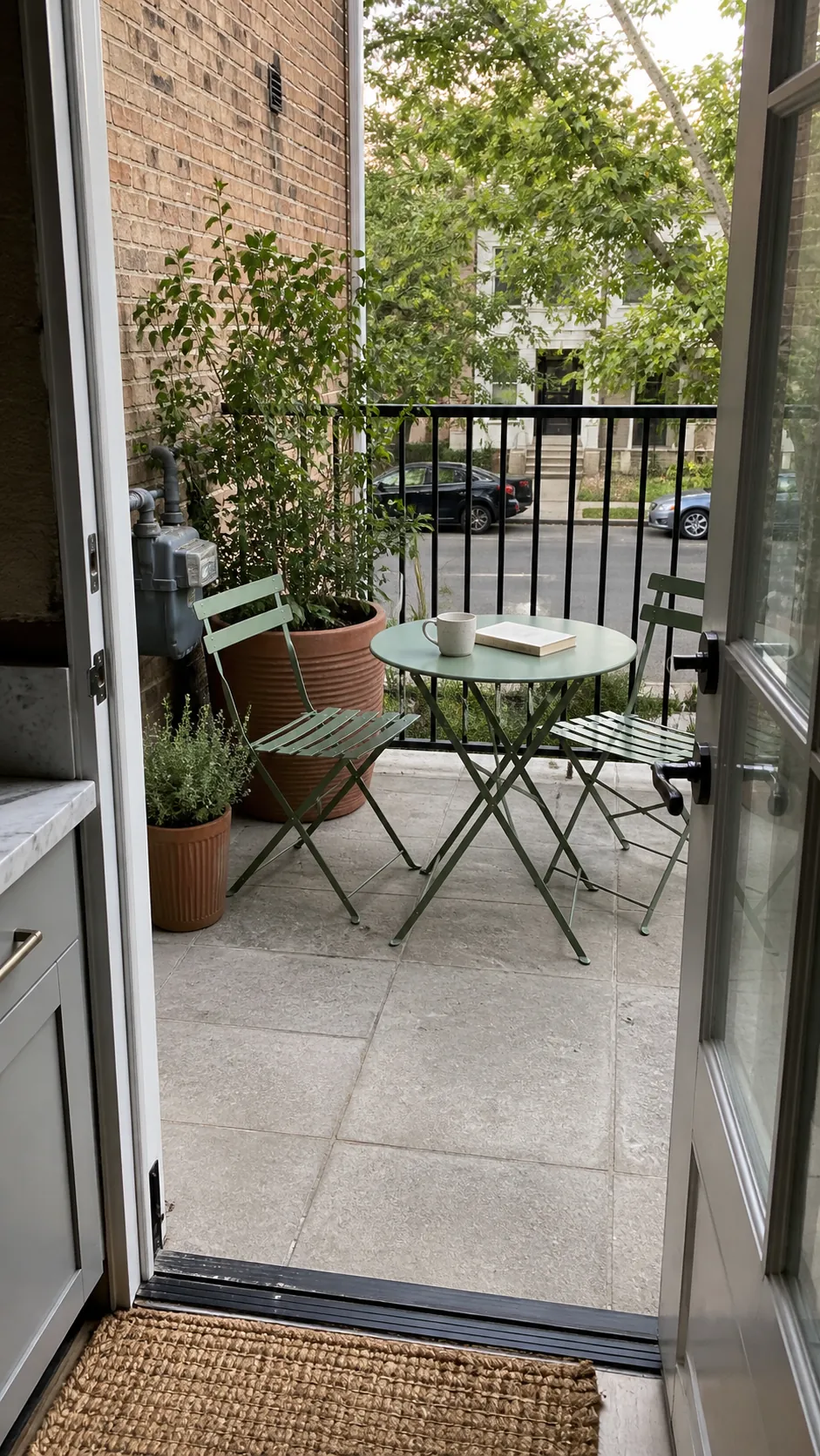 Small French patio with a round bistro table and folding chairs