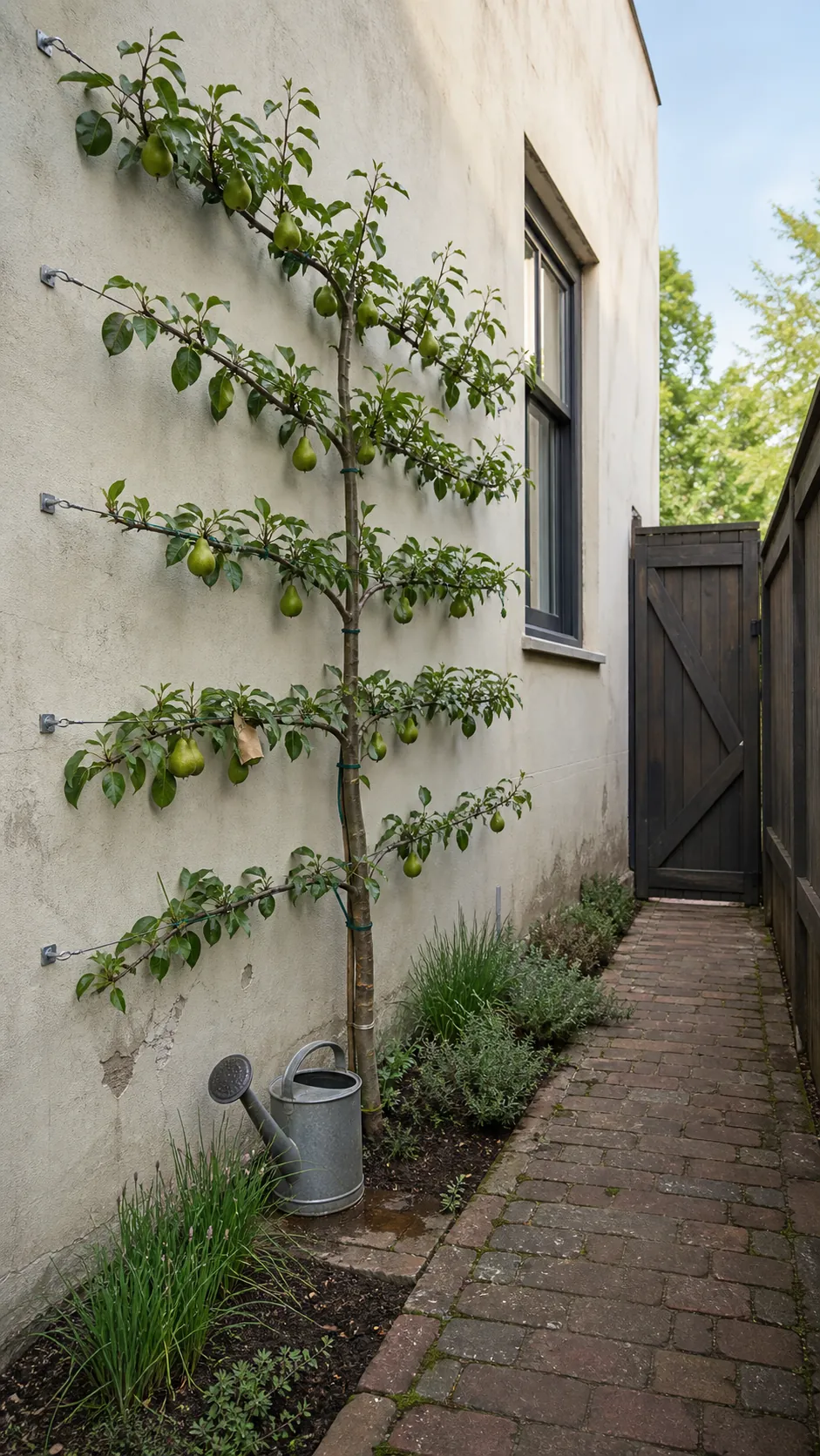 Espaliered pear tree trained against a French courtyard wall