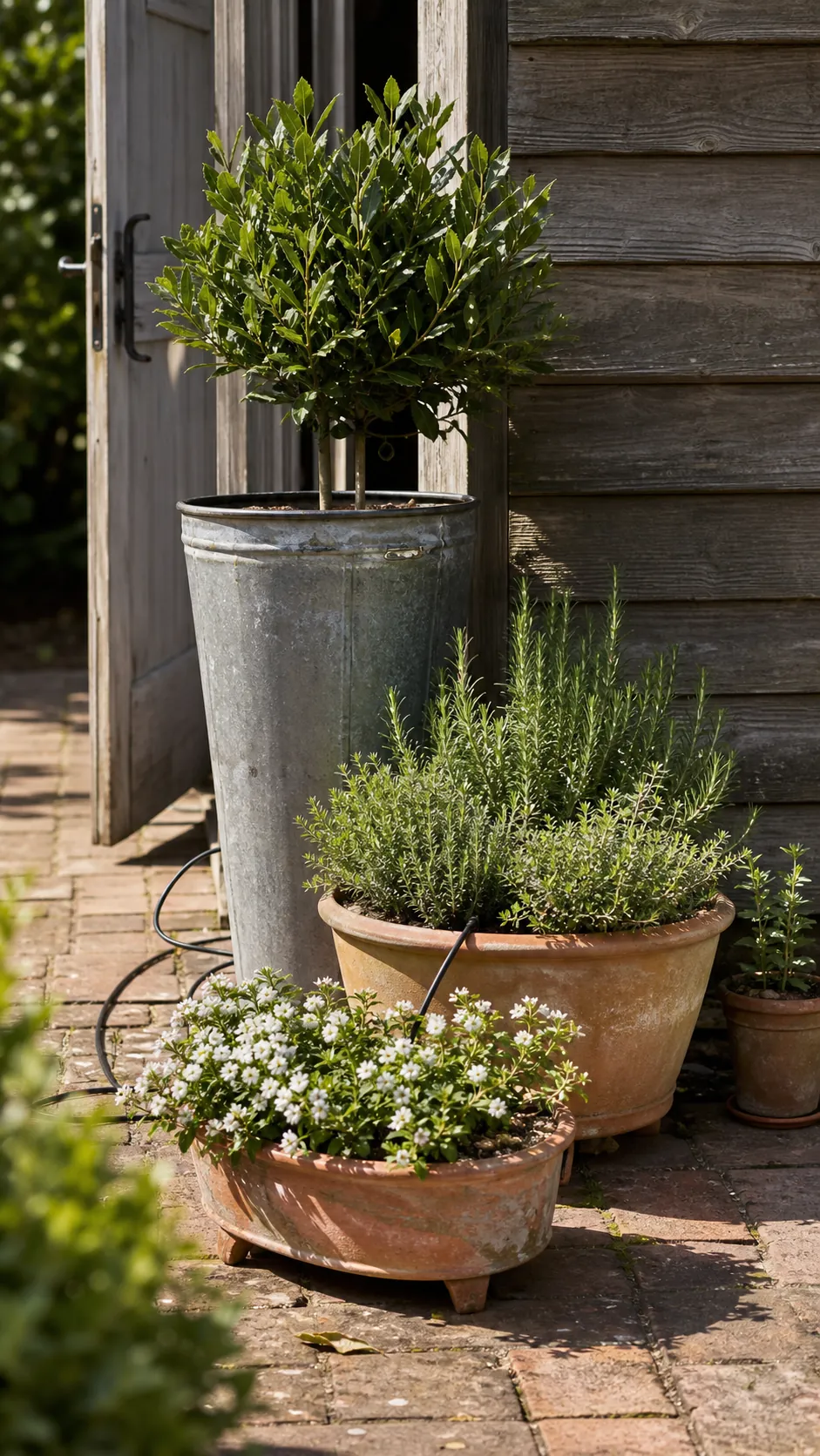 Aged zinc tubs and terracotta pots on a French country patio