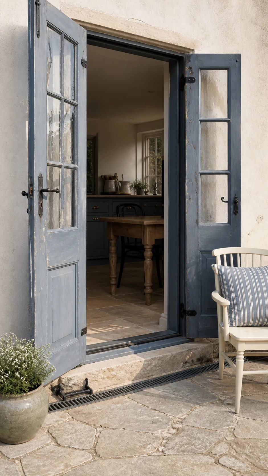 Muted blue French doors opening onto a stone patio