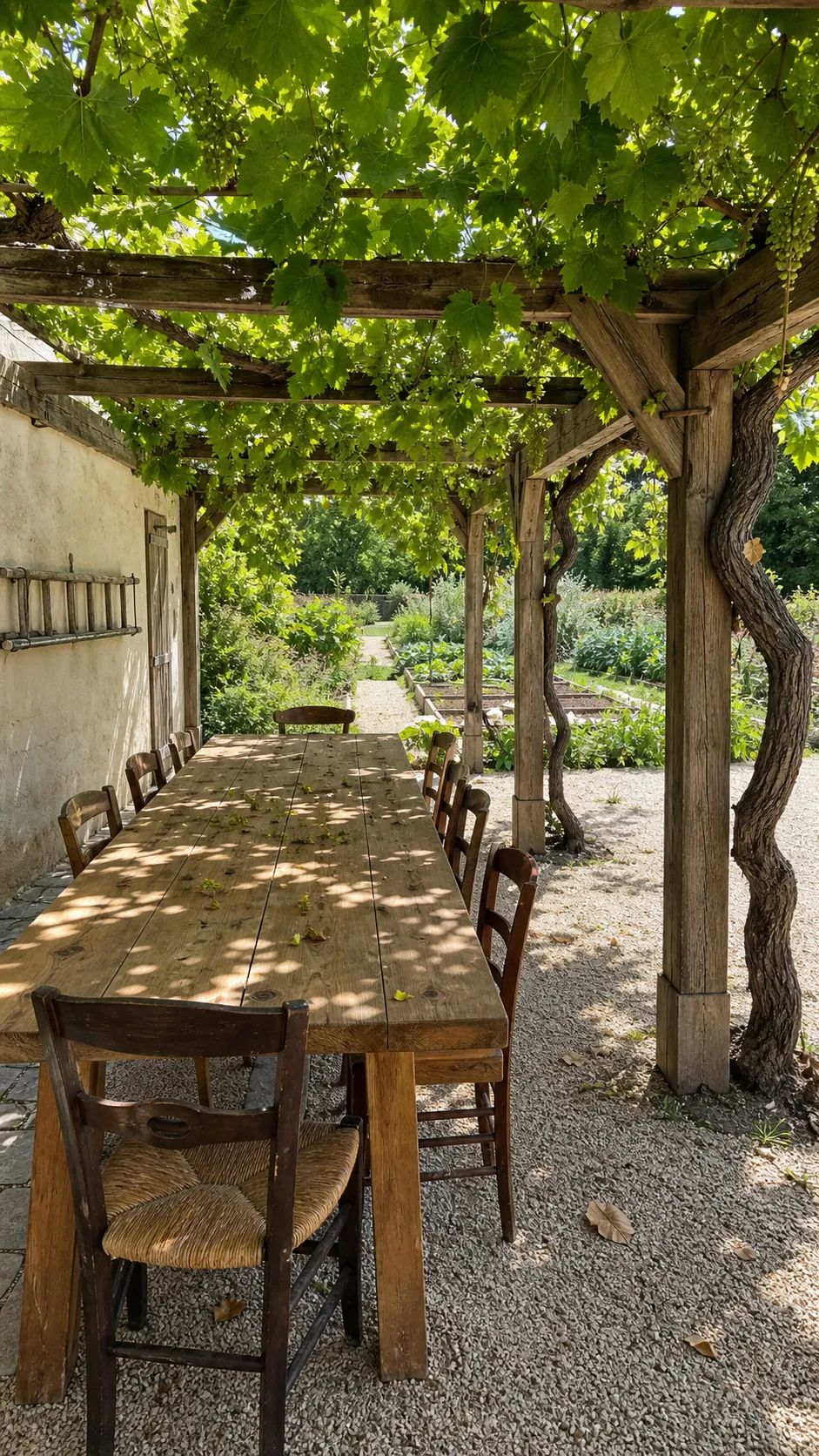 French patio dining table shaded by a grapevine pergola