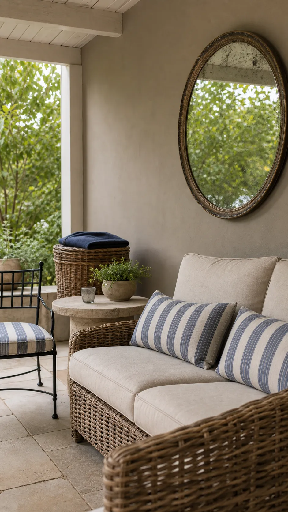 French patio seating with restrained blue and cream striped cushions