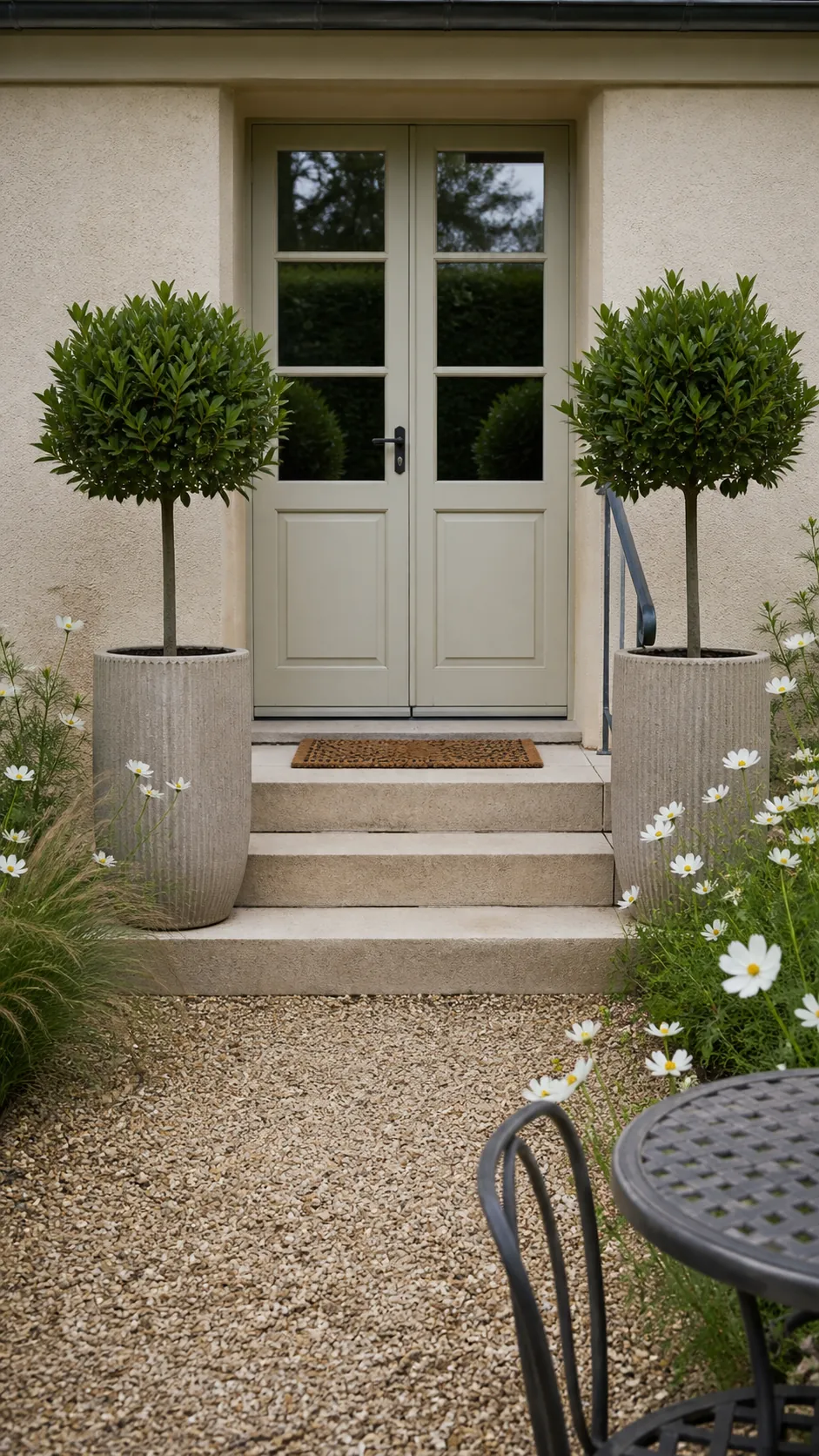 Symmetrical French patio entrance with matching bay trees