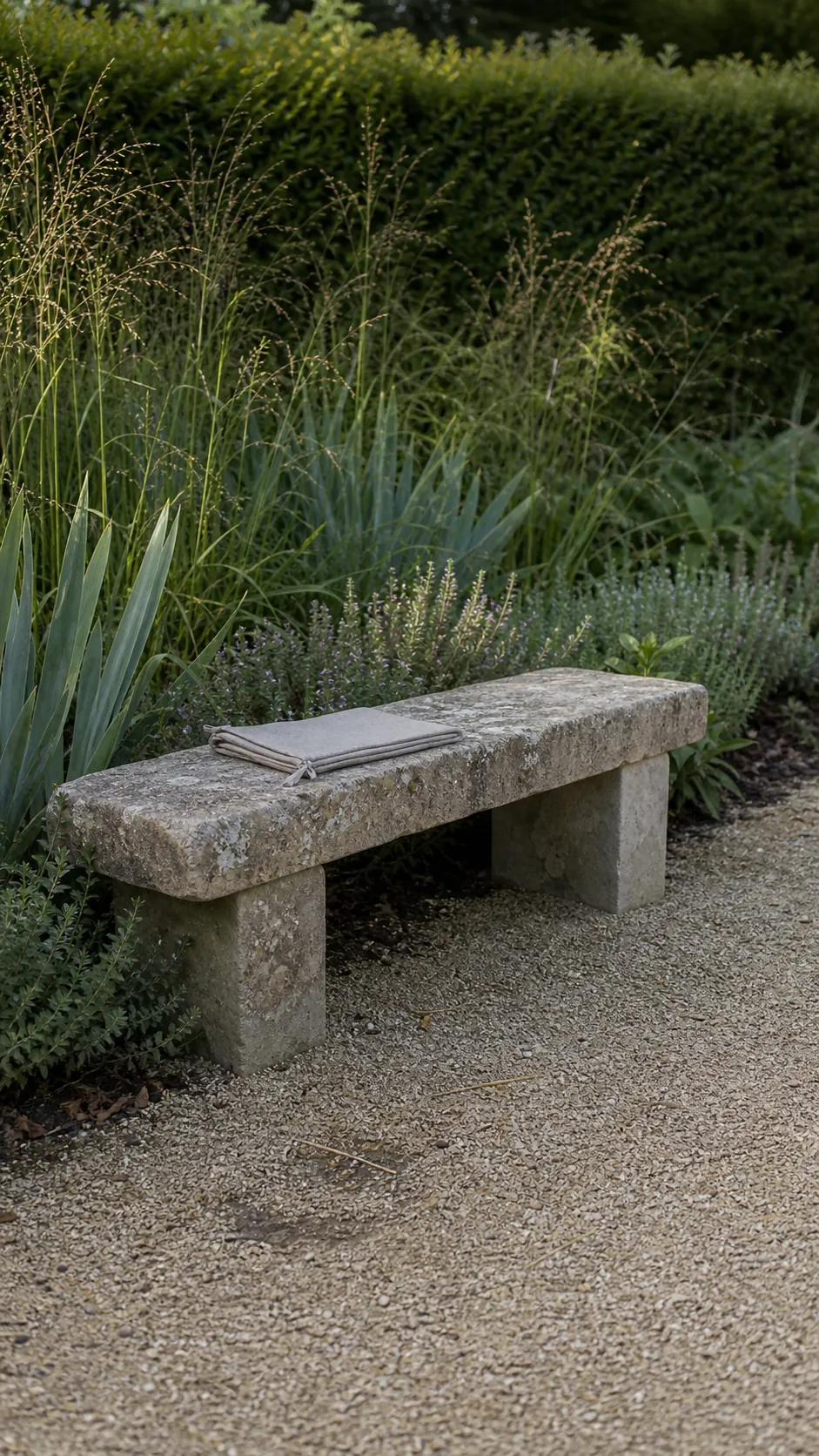 Weathered stone bench tucked into French patio planting