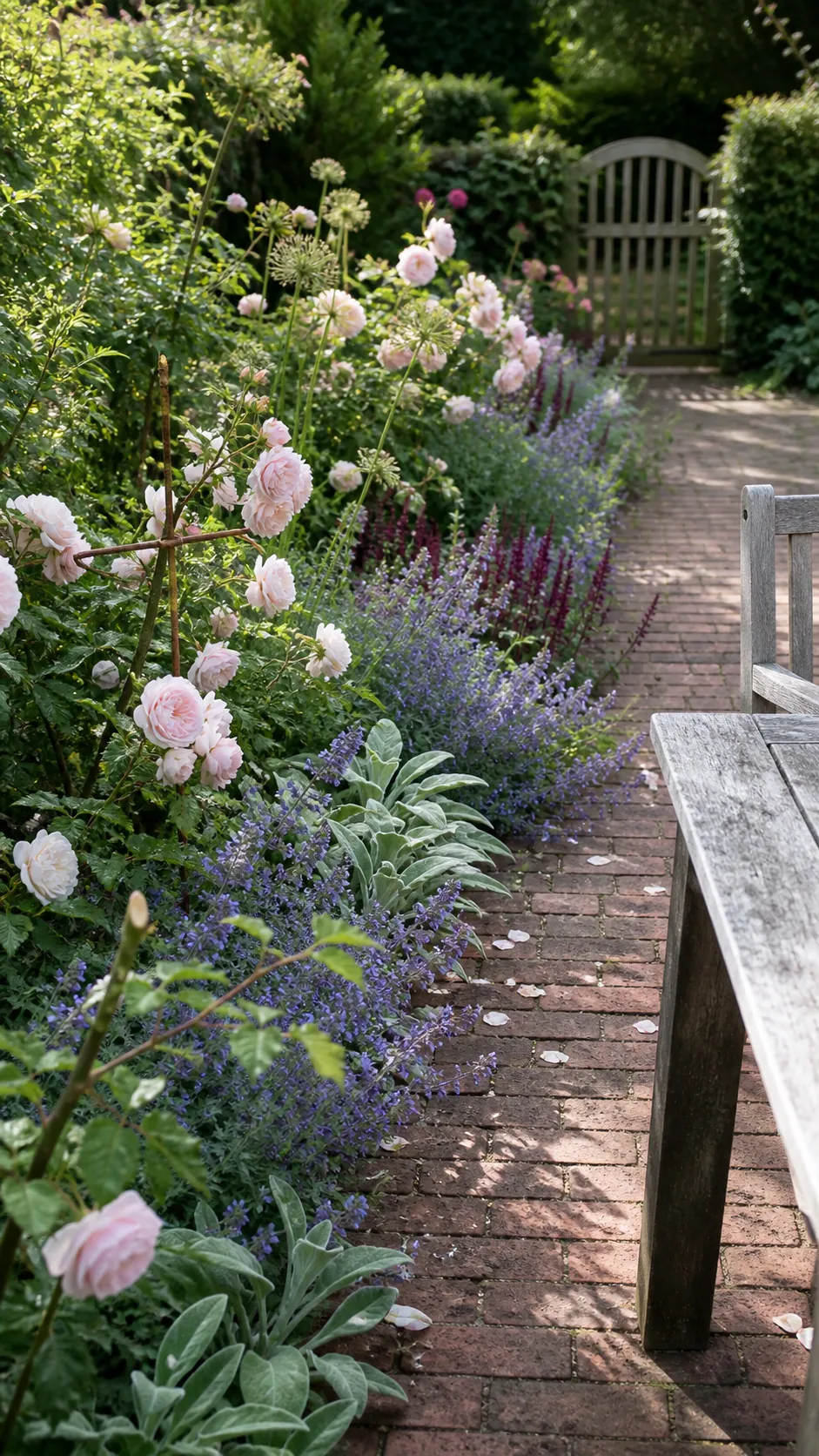 Loose cottage flower border softening a French country patio