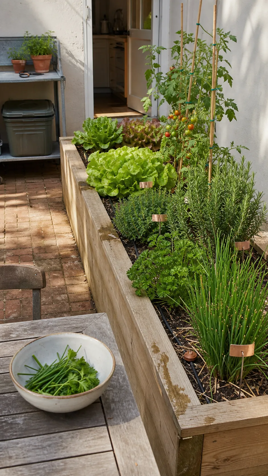 Compact French potager with herbs beside a patio dining table