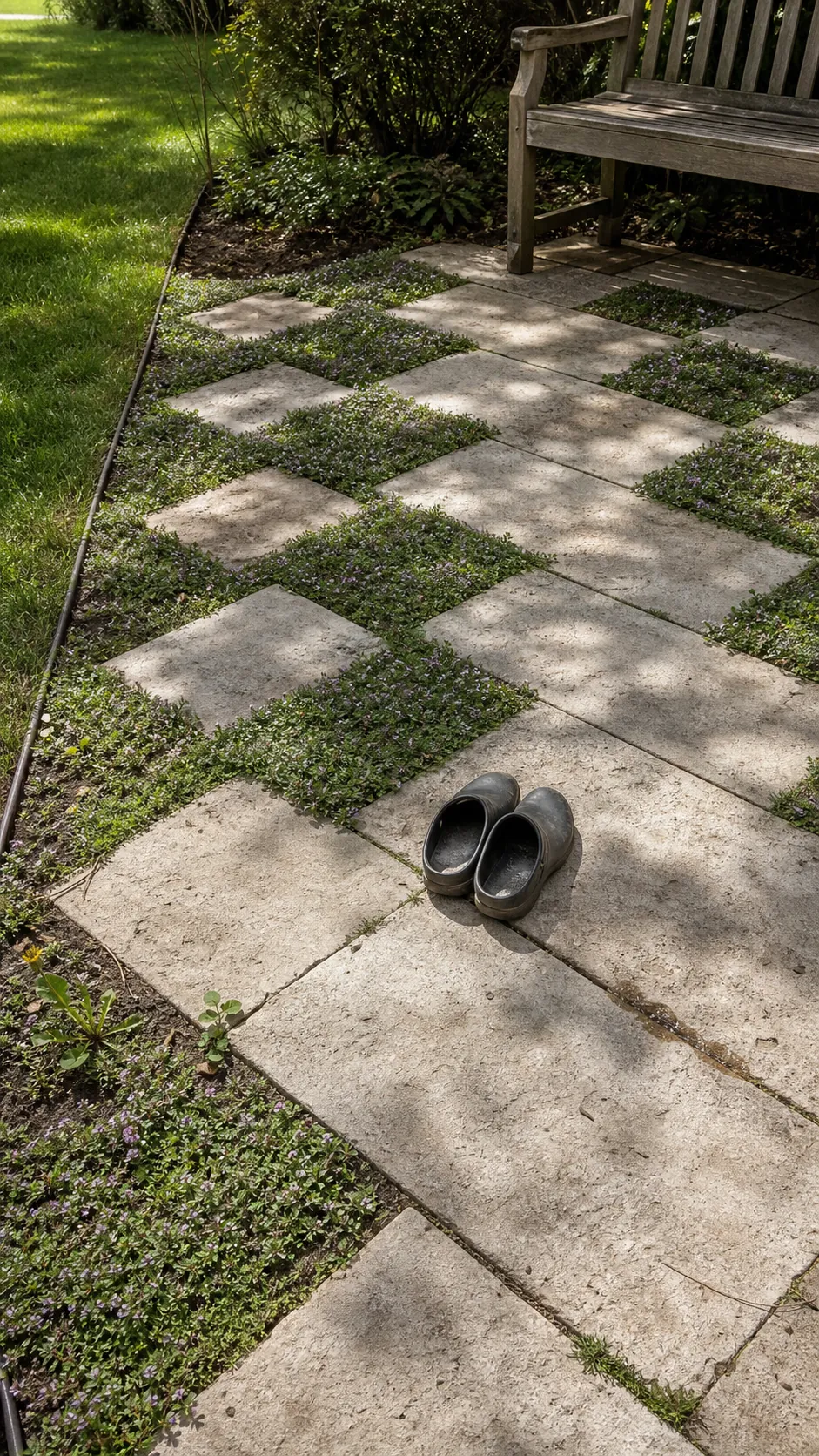 French patio with stone pavers and thyme-filled joints