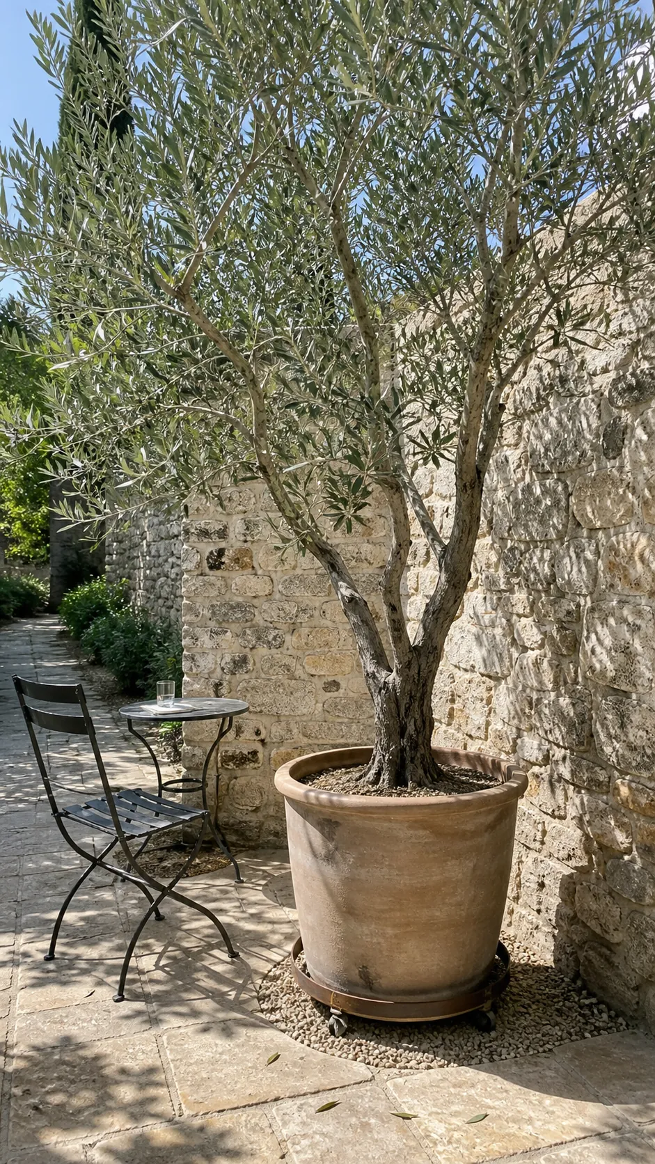 Single potted olive tree as a French patio focal point