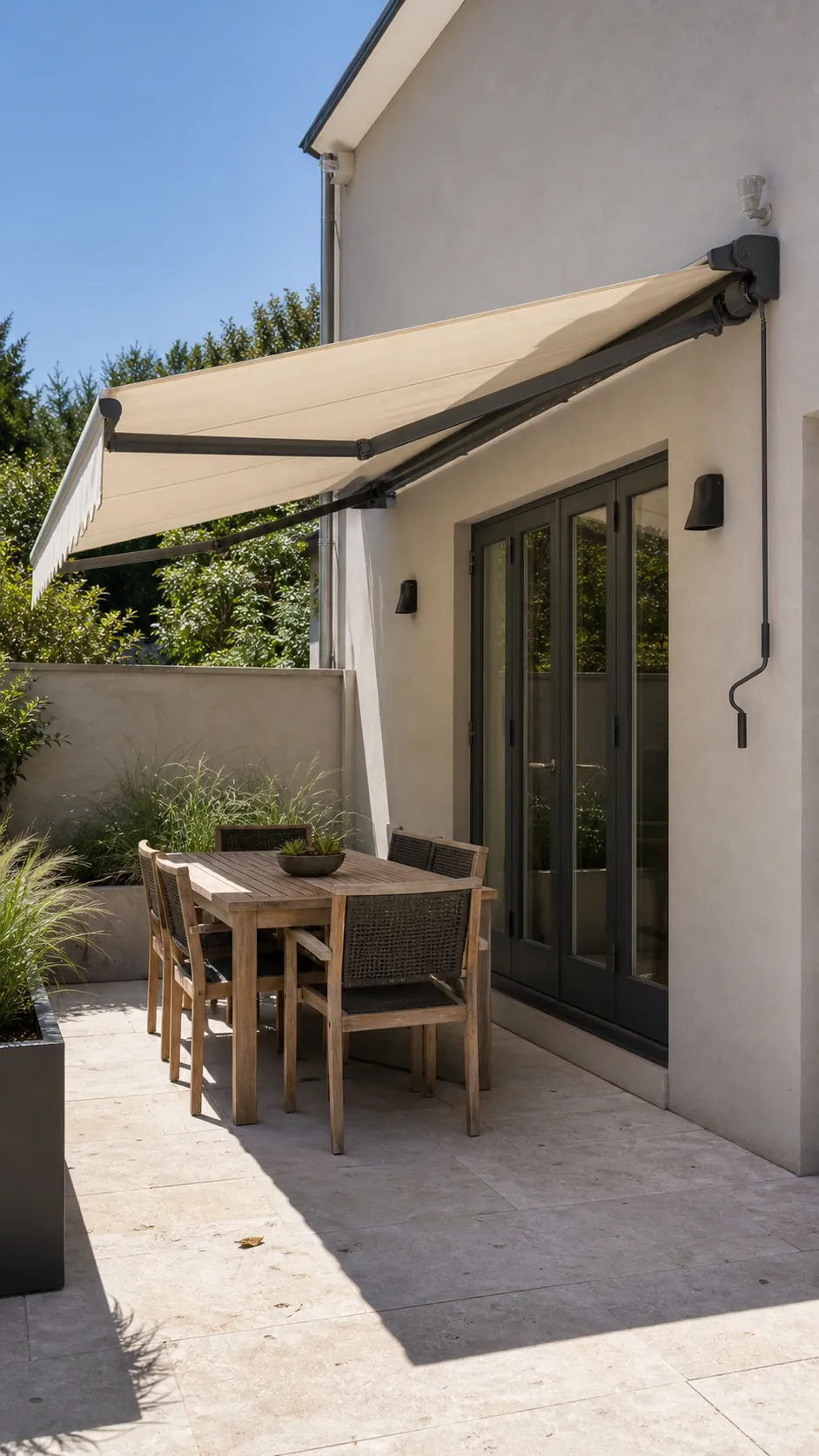 Cream scalloped canvas awning shading a French patio