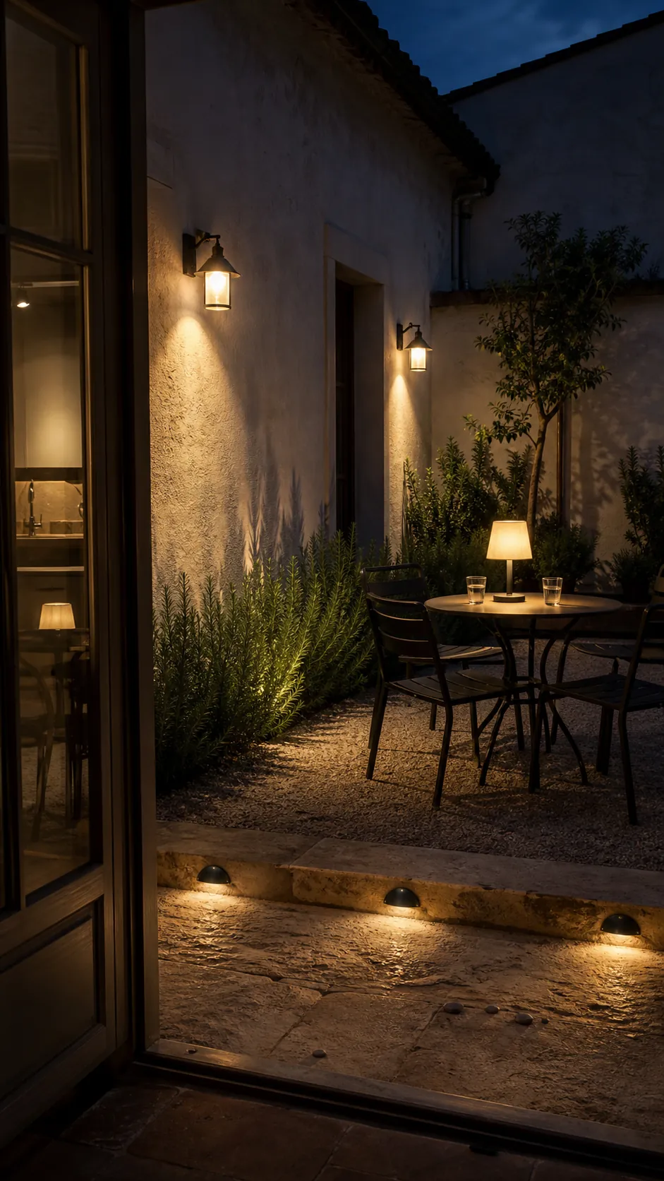 French courtyard patio illuminated by warm wall lanterns