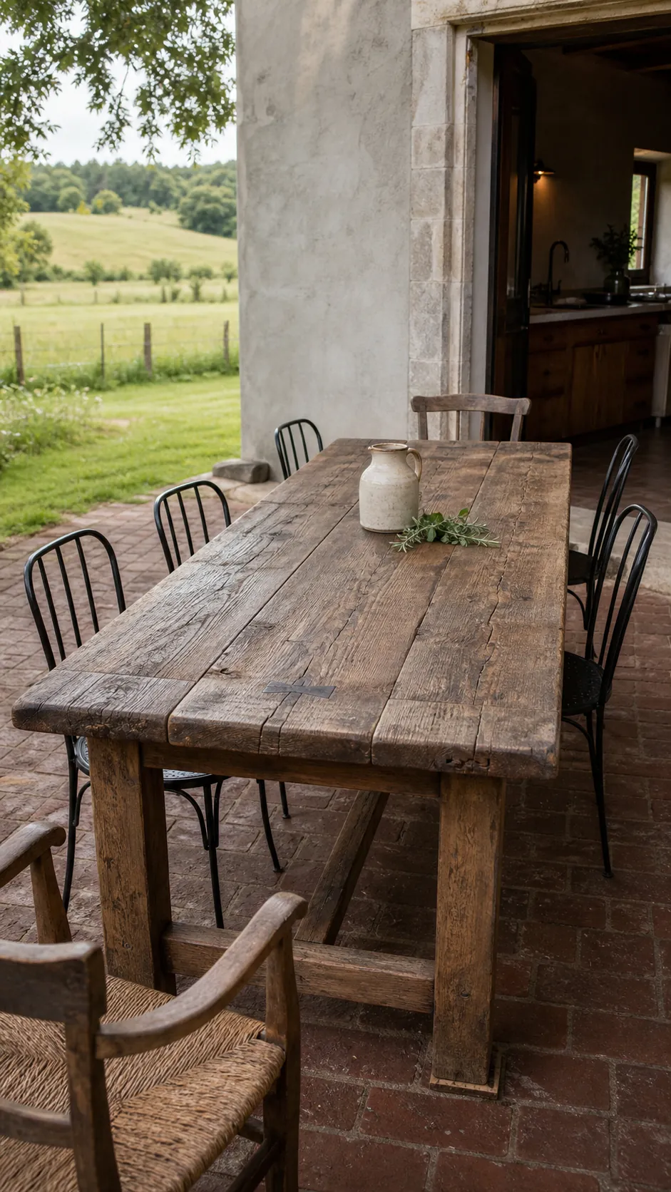 Reclaimed wood farm table on a relaxed French country patio