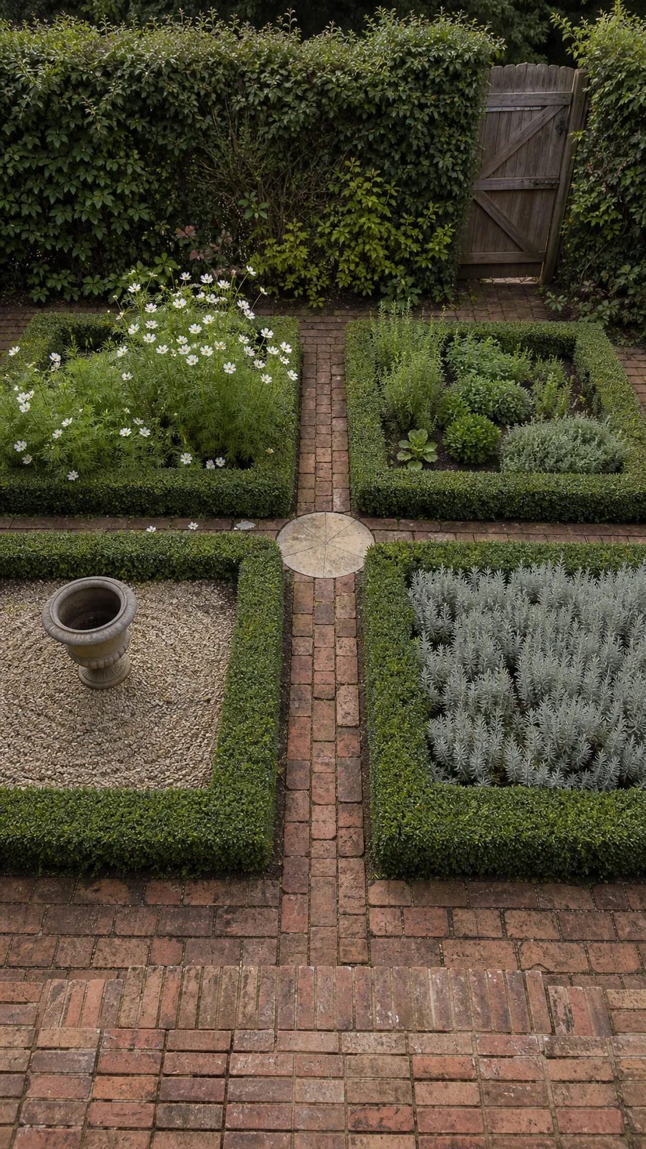 Small geometric parterre viewed from a French patio