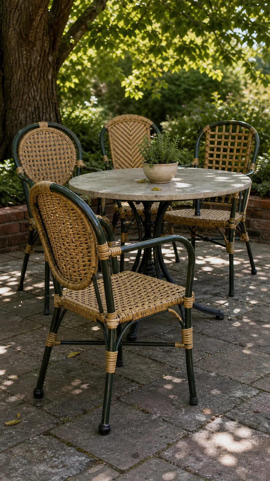 French patio chairs with woven seats and slim iron frames