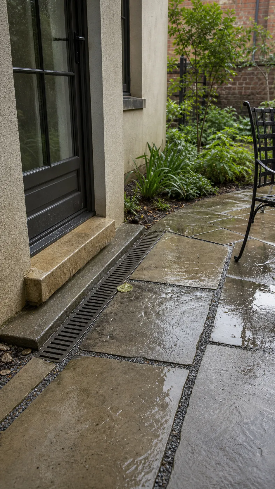 French-inspired paver patio with permeable gravel joints after rain