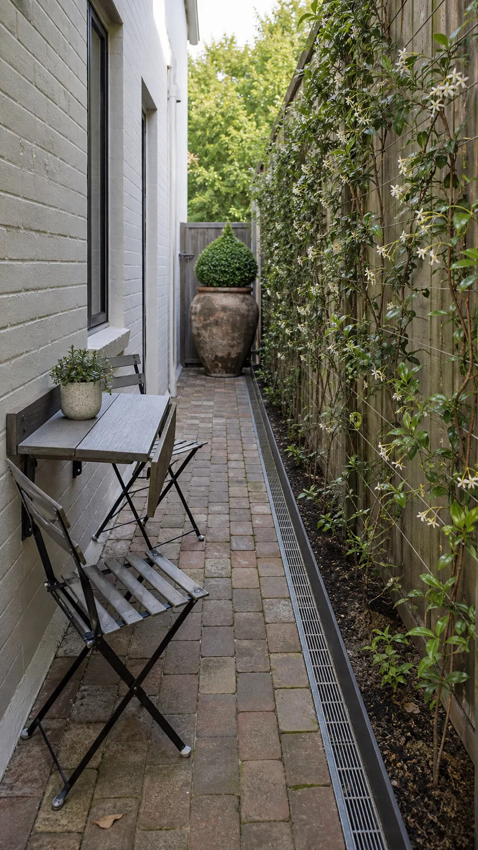 Long narrow French courtyard patio with a clear central sightline