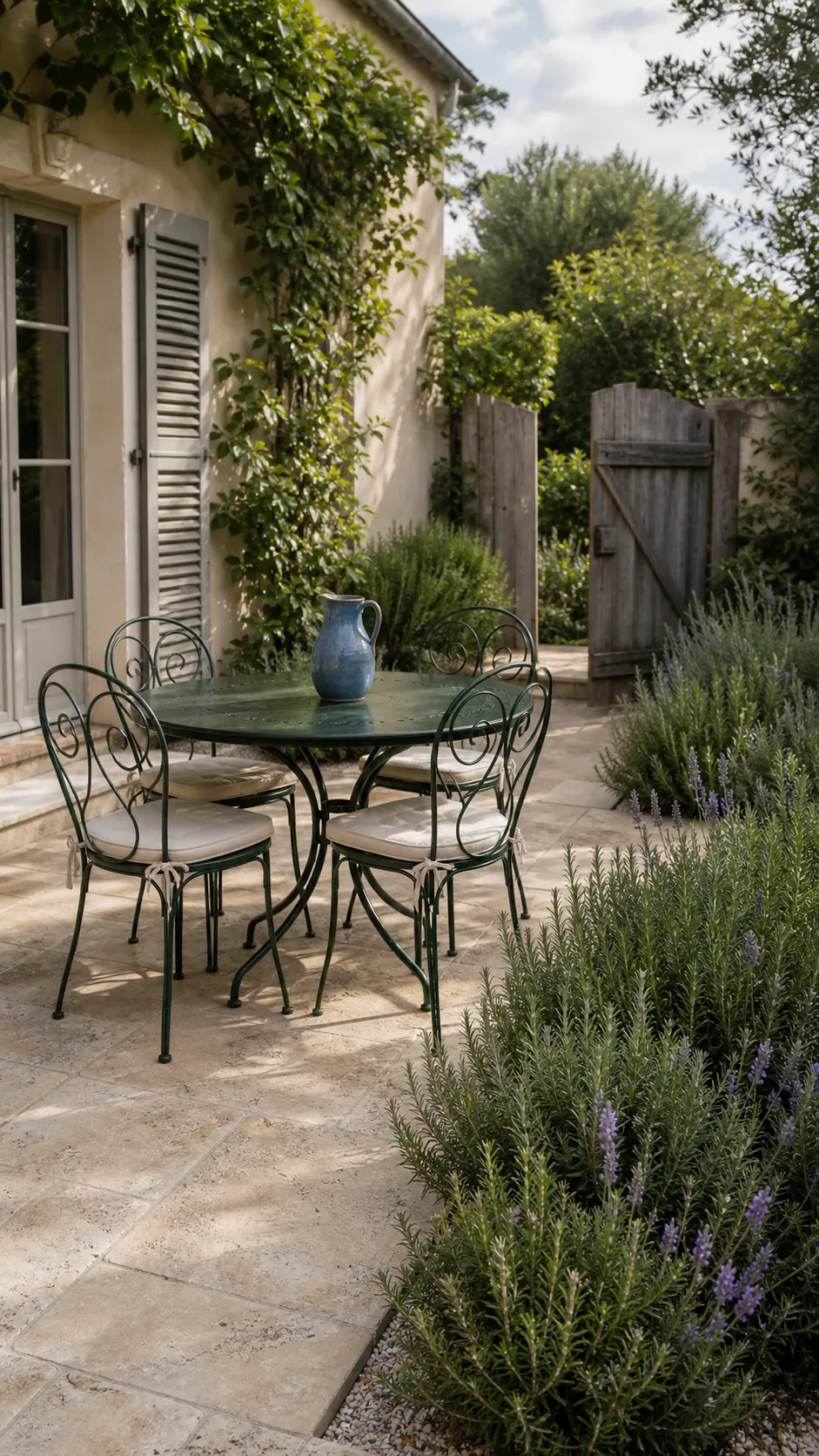 French patio in a restrained palette of limestone, green, lavender, and faded blue