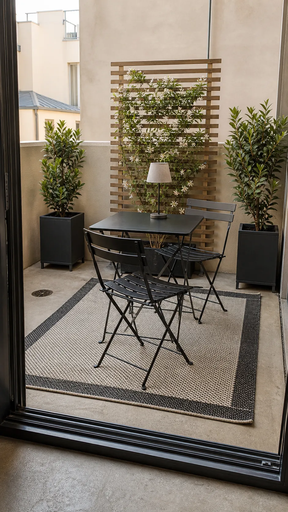 Renter-friendly French patio made with pots, folding furniture, and outdoor rug