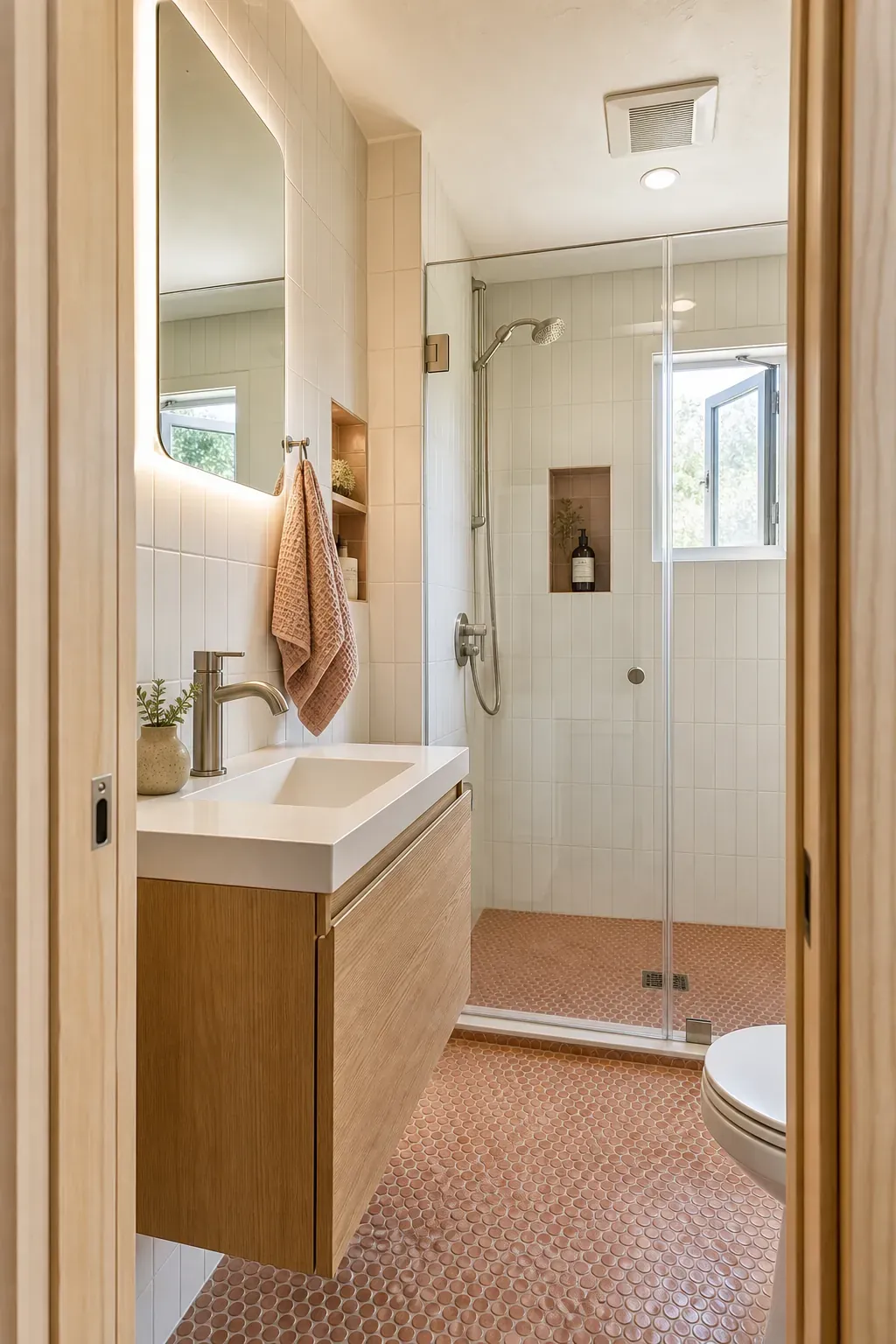 Clean and warm tiny home bathroom with oak storage and soft neutral tile