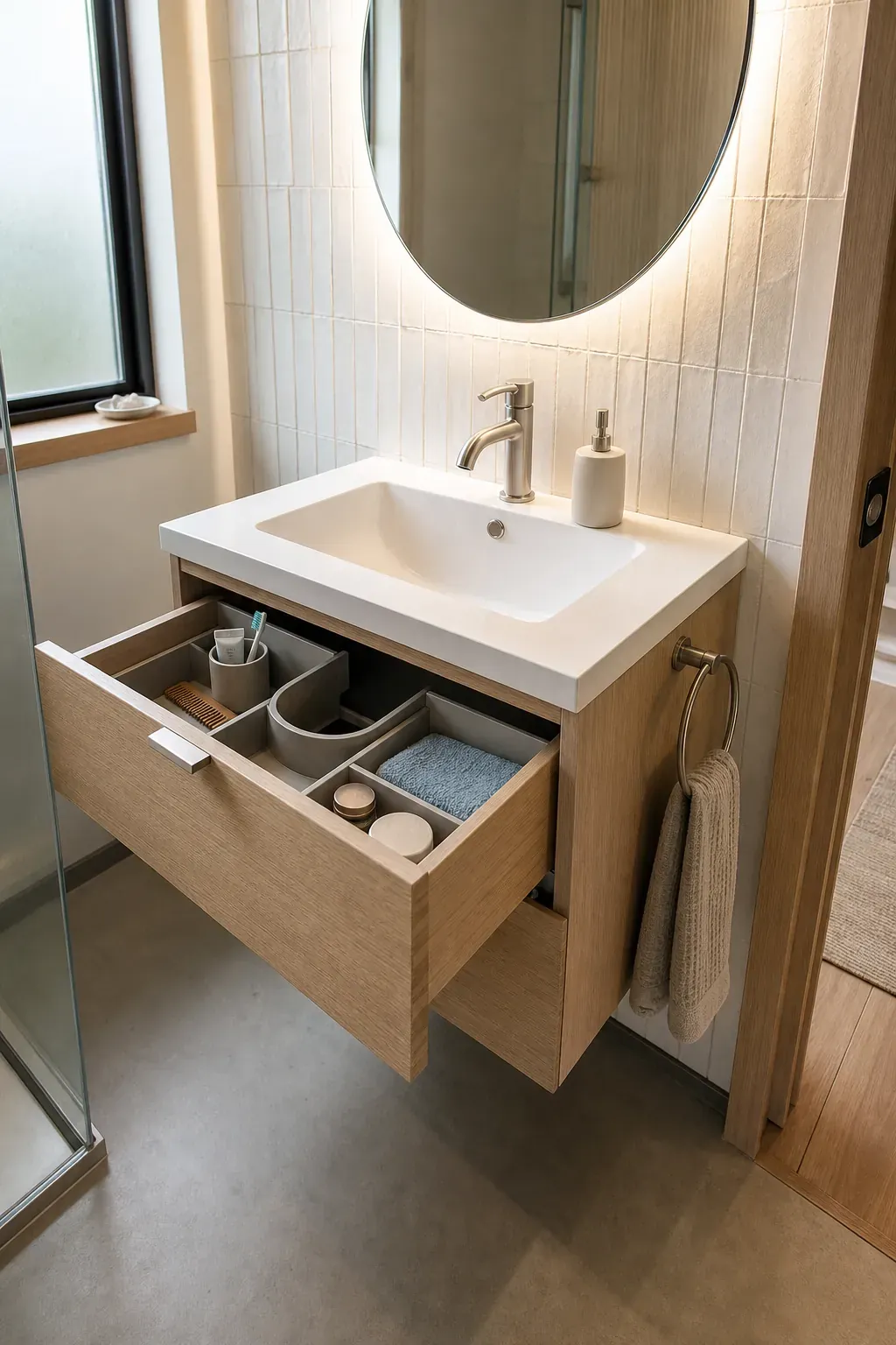 Tiny home bathroom with a warm oak vanity and organized full-extension drawers