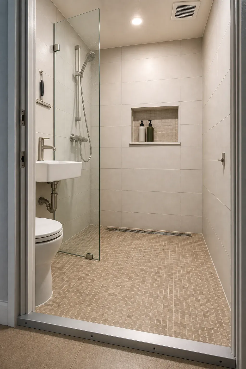 Compact tiny house wet room with warm tile and a properly drained shower floor