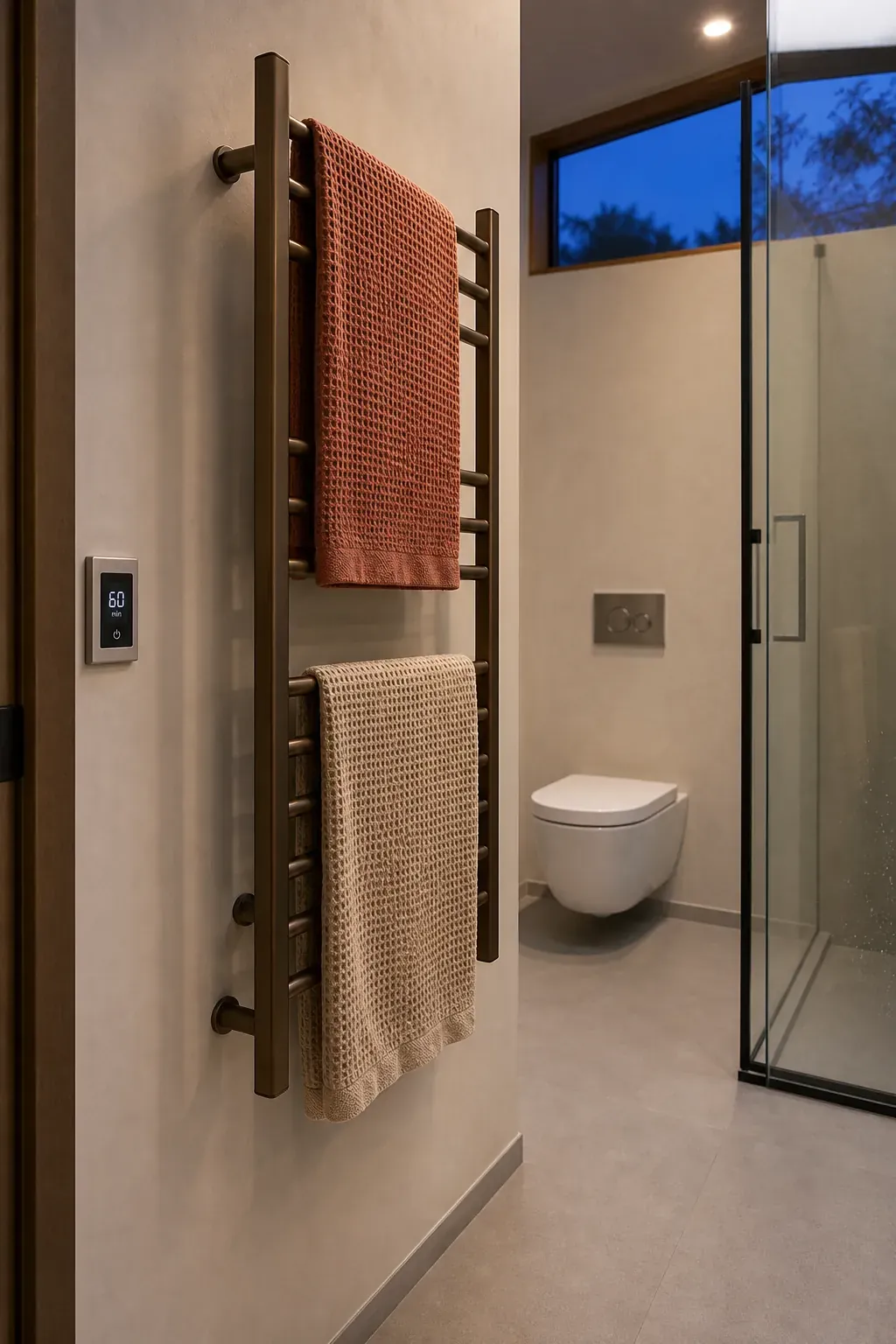 Small warm bathroom with a heated towel rail positioned in a dry zone