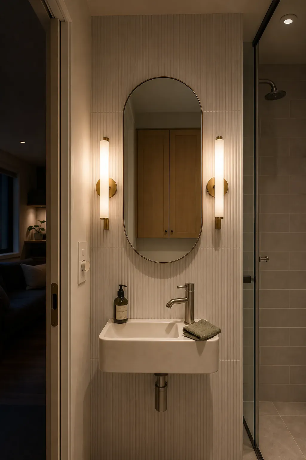 Tiny bathroom mirror with warm dimmable side sconces and clear task lighting