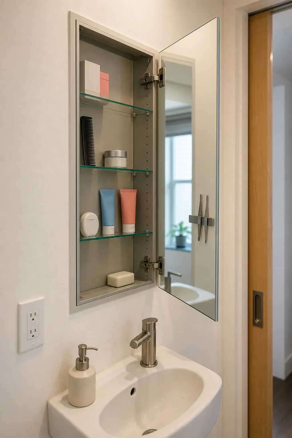 Recessed mirrored medicine cabinet in a clean compact bathroom wall