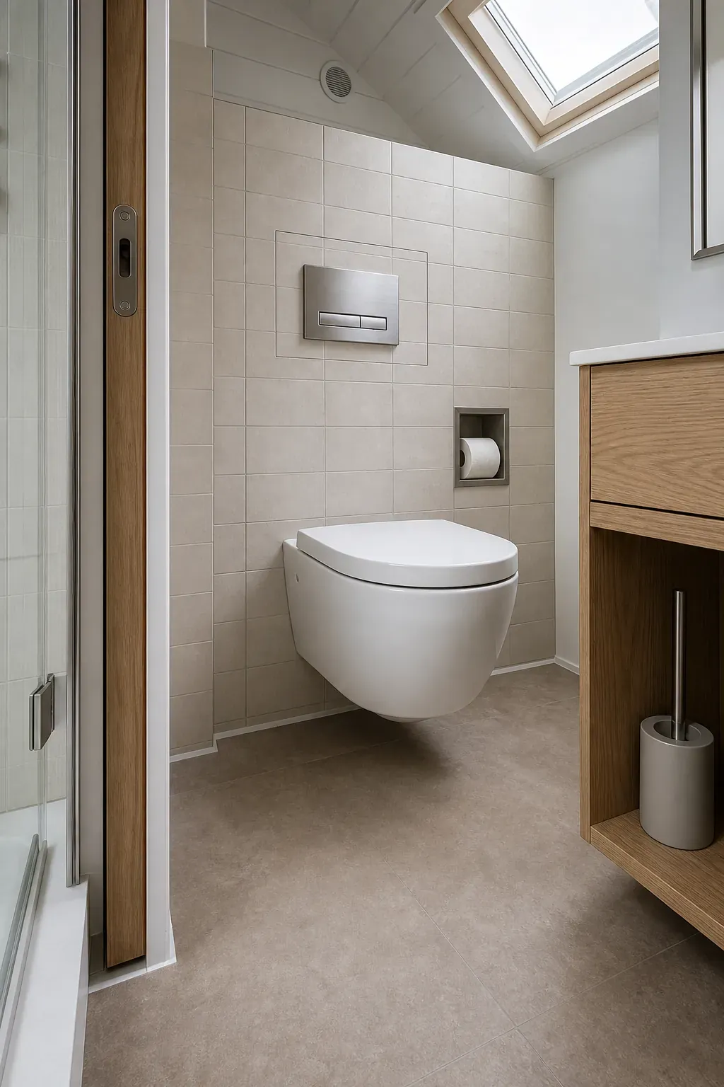 Clean tiny house bathroom with a wall-hung toilet and open floor below