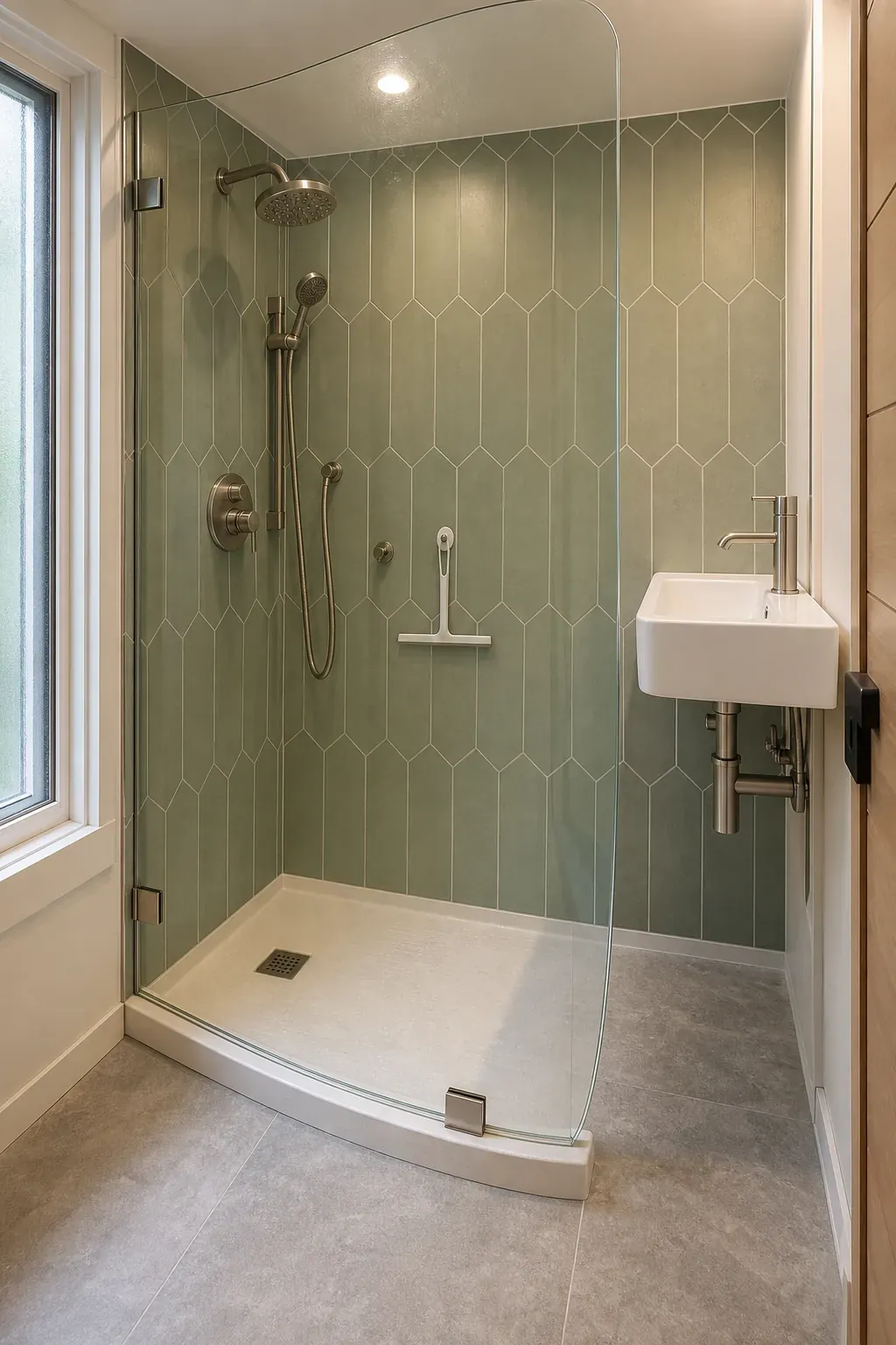 Compact shower with a curved clear glass screen that preserves movement