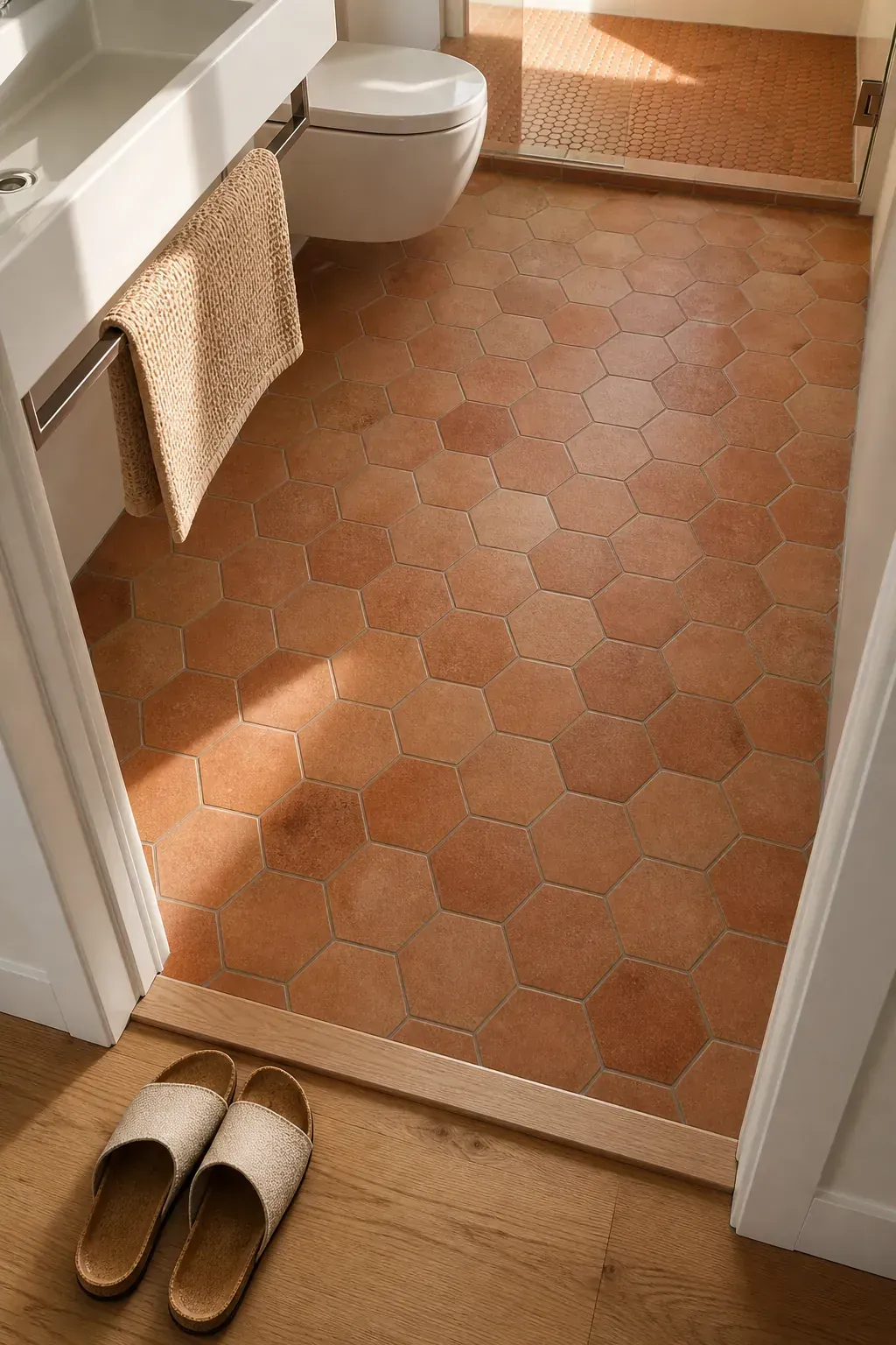 Warm compact bathroom with slip-conscious terracotta-tone floor tile