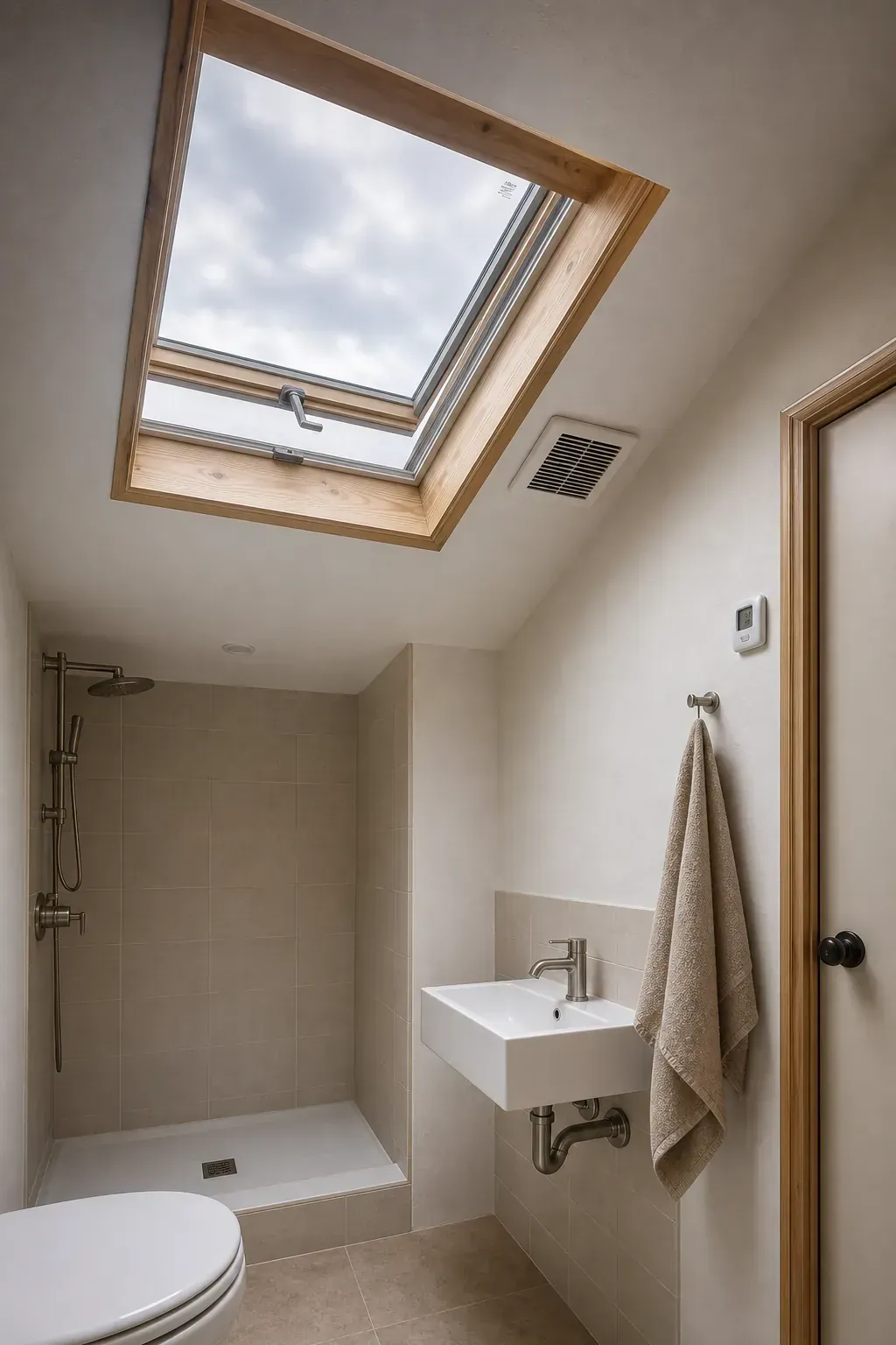 Tiny house bathroom with an operable skylight bringing in soft daylight