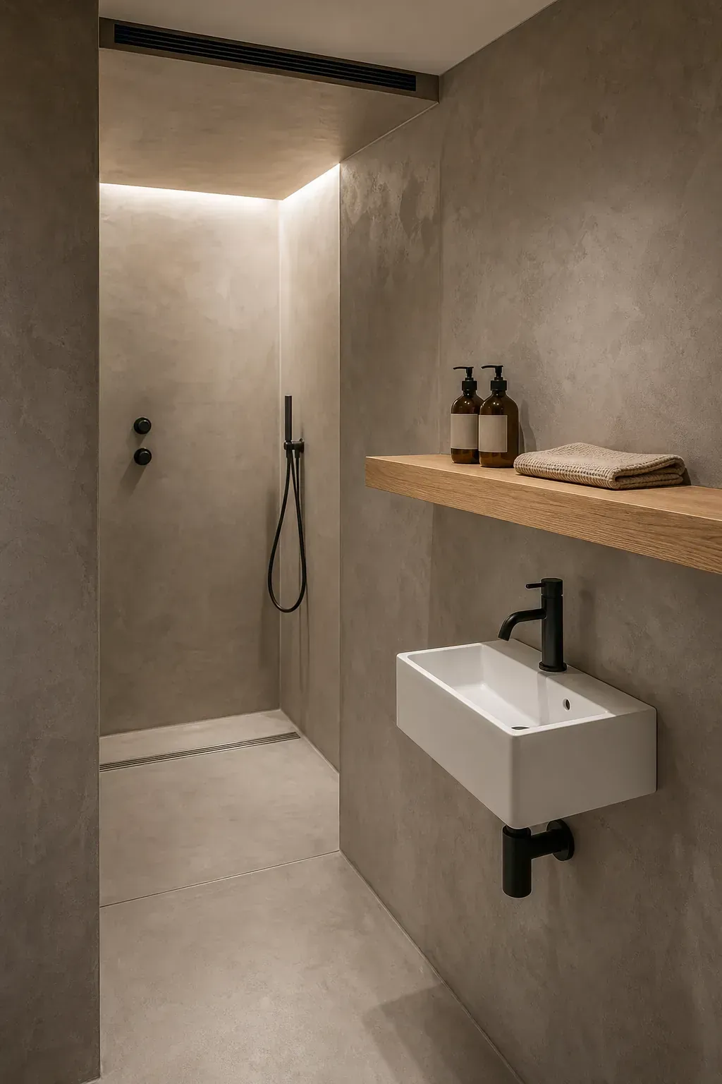 Minimal tiny home bathroom finished in warm-gray microcement