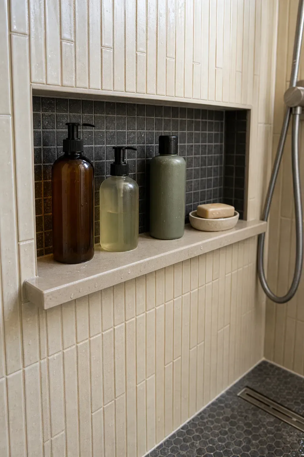 Compact shower niche with a clean stone shelf sloped for drainage