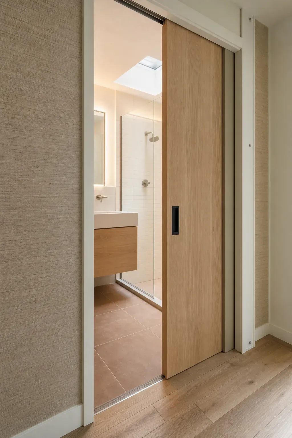 Space-saving pocket door opening into a clean warm tiny bathroom