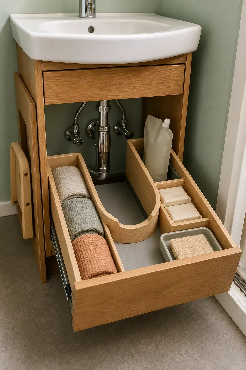 U-shaped vanity drawer fitting neatly around a compact bathroom sink trap
