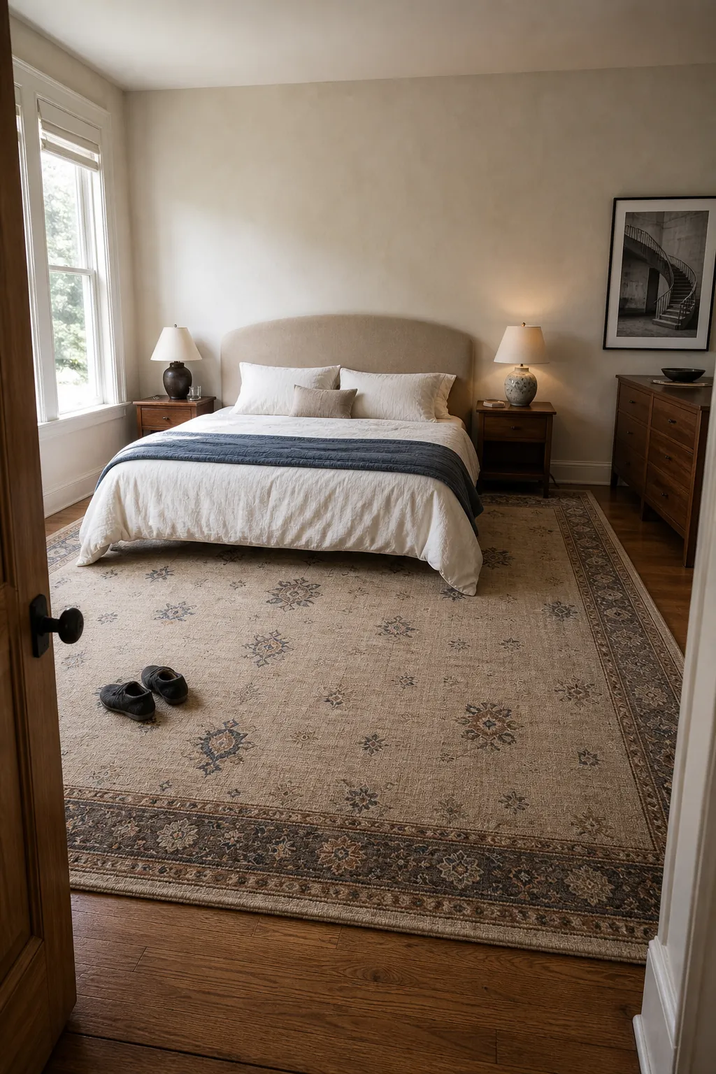 Large neutral rug beneath a bed and both nightstands